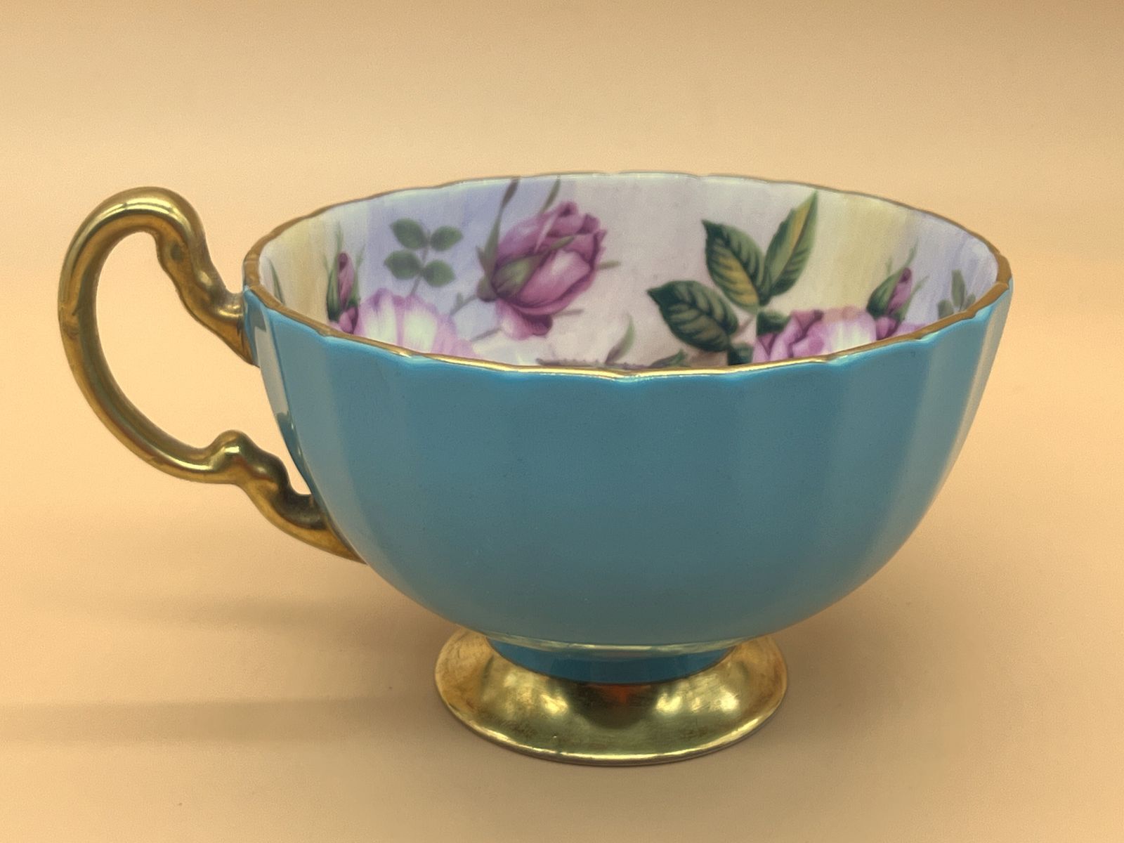 Home Decor Aynsley China Cabbage Rose Oban Shape Turquoise And Gold Footed And Fluted Cabinet Tea Cup & Saucer Duo. 1031. photo