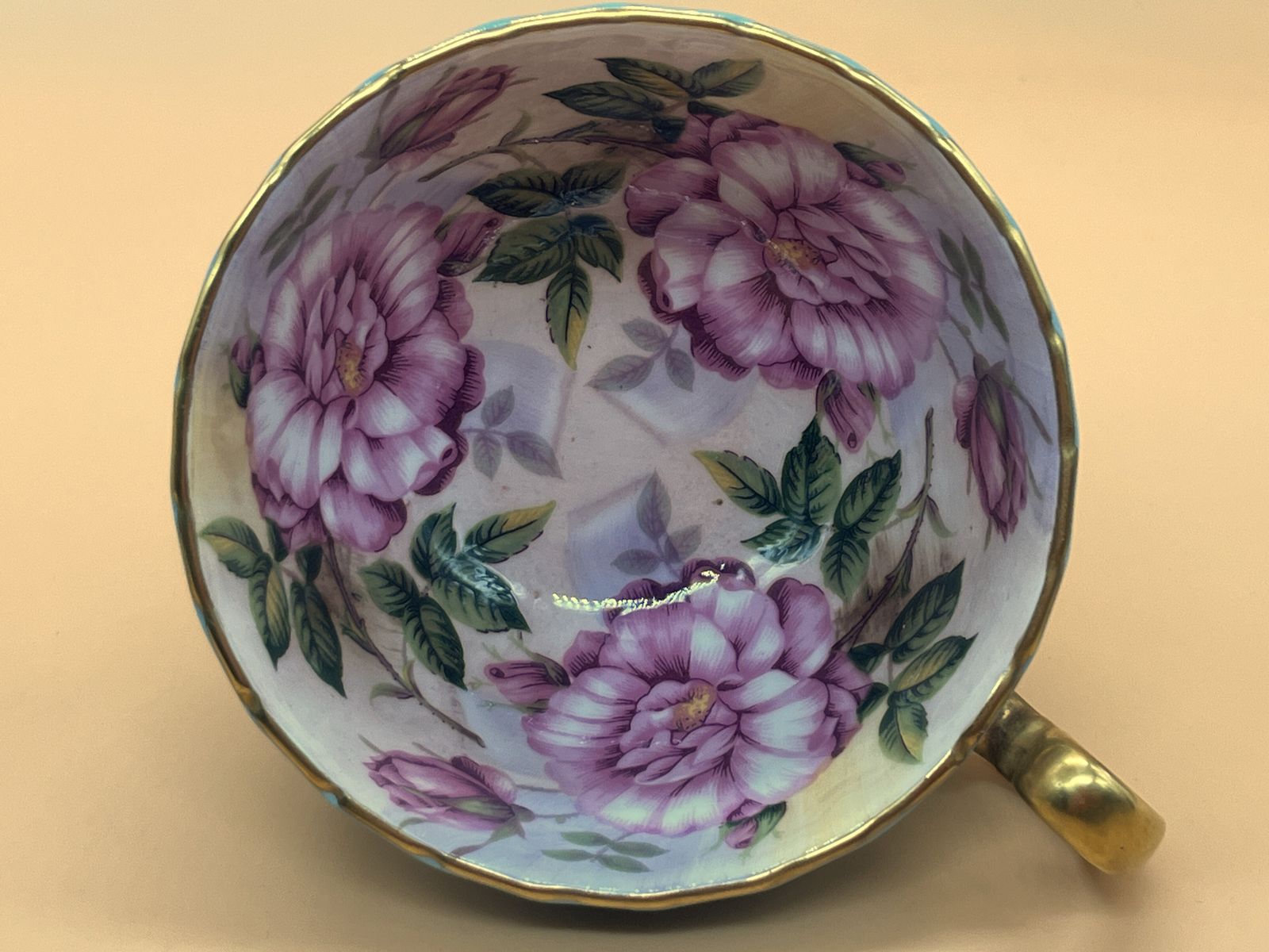 450.0 Aynsley China Cabbage Rose Oban Shape Turquoise And Gold Footed And Fluted Cabinet Tea Cup & Saucer Duo. 1031. photo