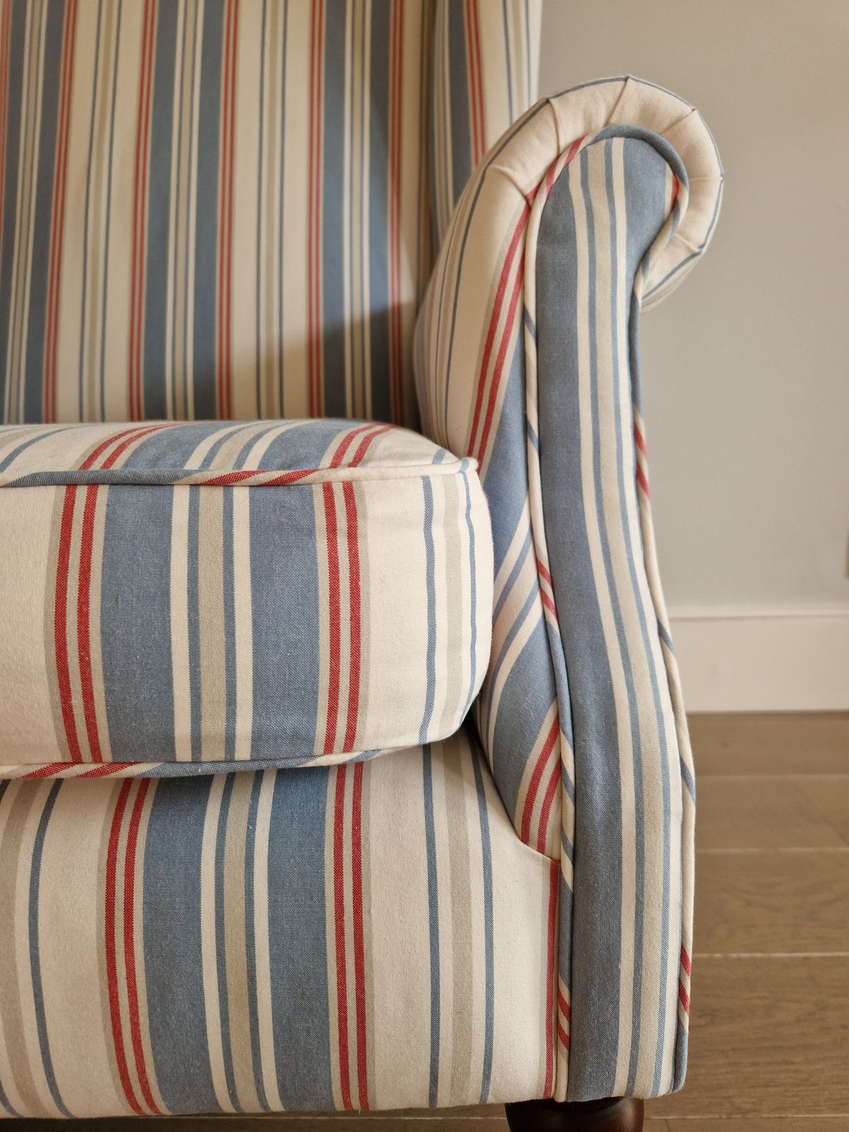 Exquisite Wingback Armchair In Jane Churchill Red And Blue Stripes photo furniture