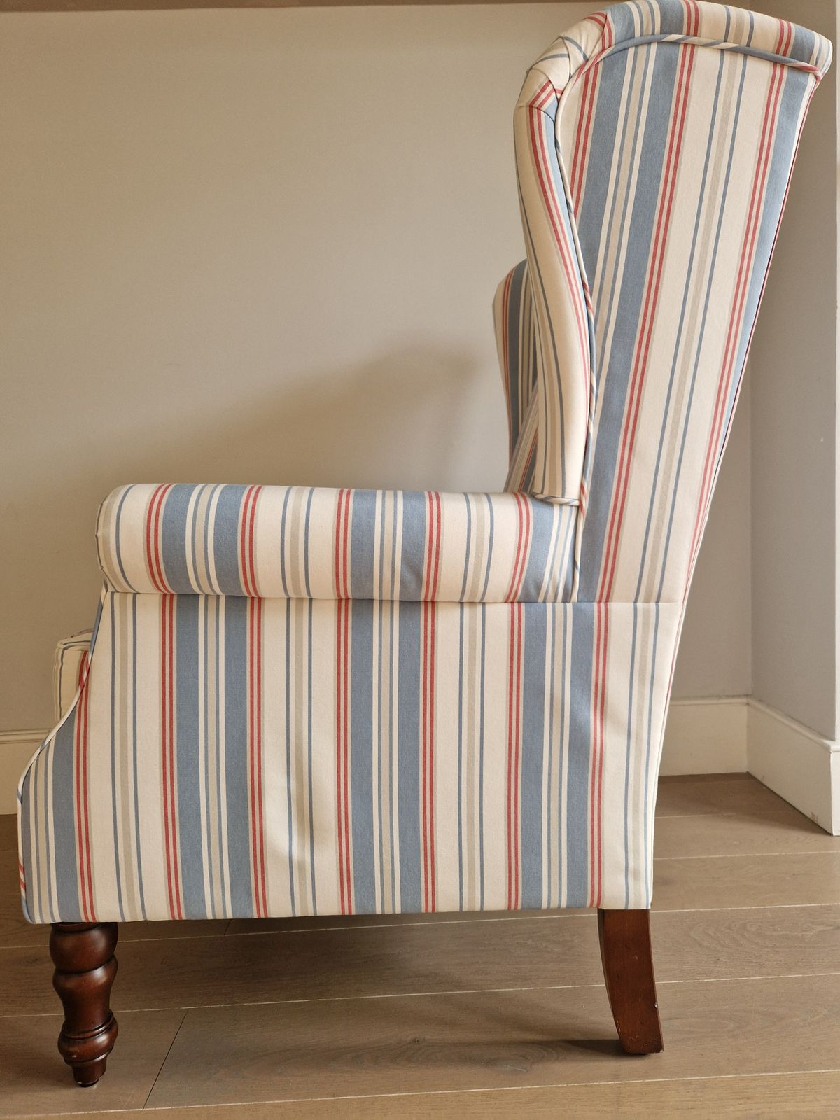 Exquisite Wingback Armchair In Jane Churchill Red And Blue Stripes photo vinterior