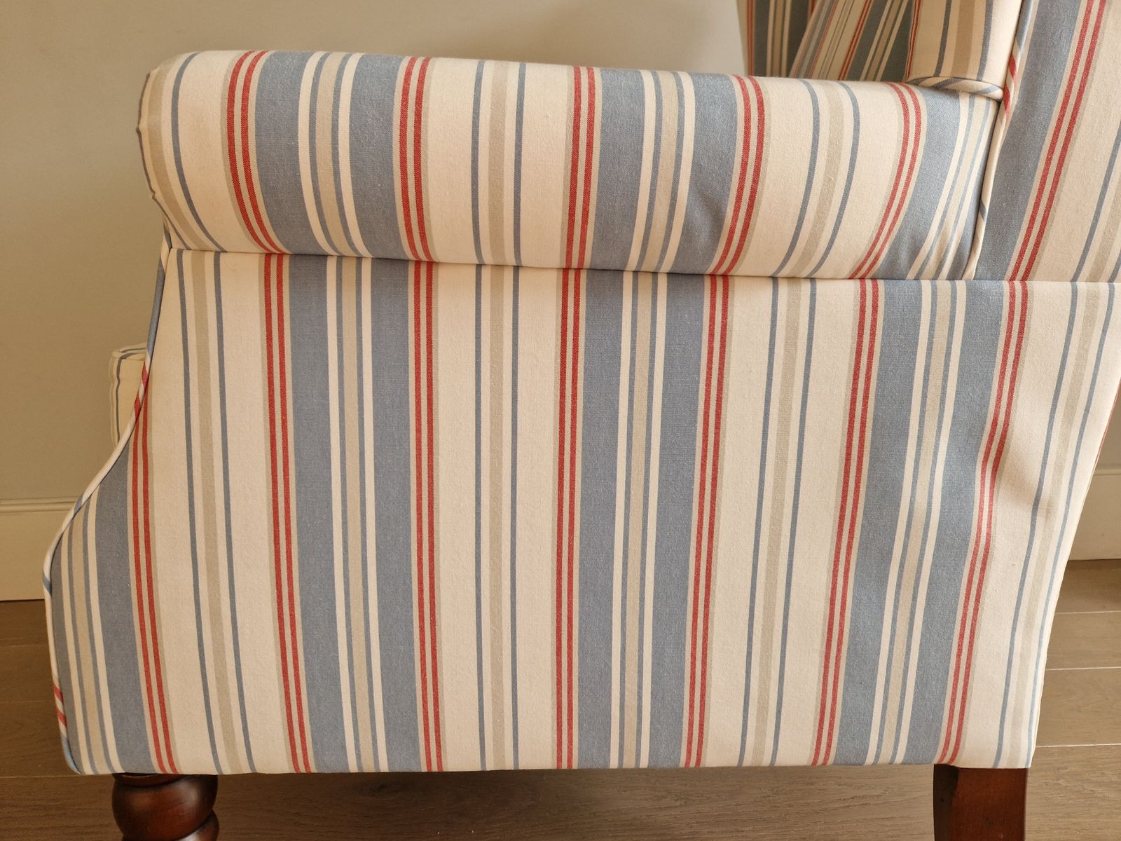 Exquisite Wingback Armchair In Jane Churchill Red And Blue Stripes photo buy