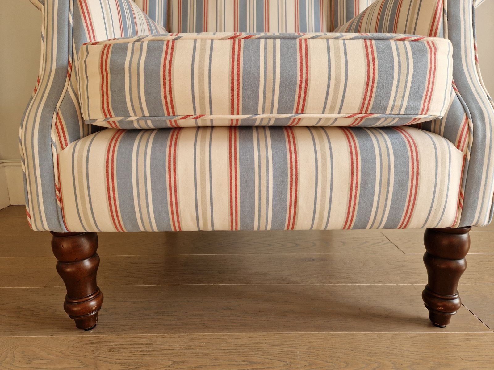 photo for sale Exquisite Wingback Armchair In Jane Churchill Red And Blue Stripes
