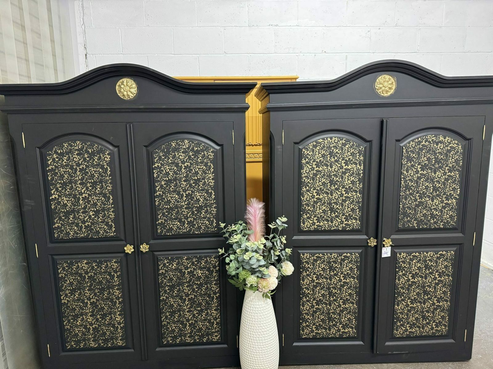 Pair Of Solid Pine Wardrobes In Black With Gold Floral Lace Detail On Base With Drawers
