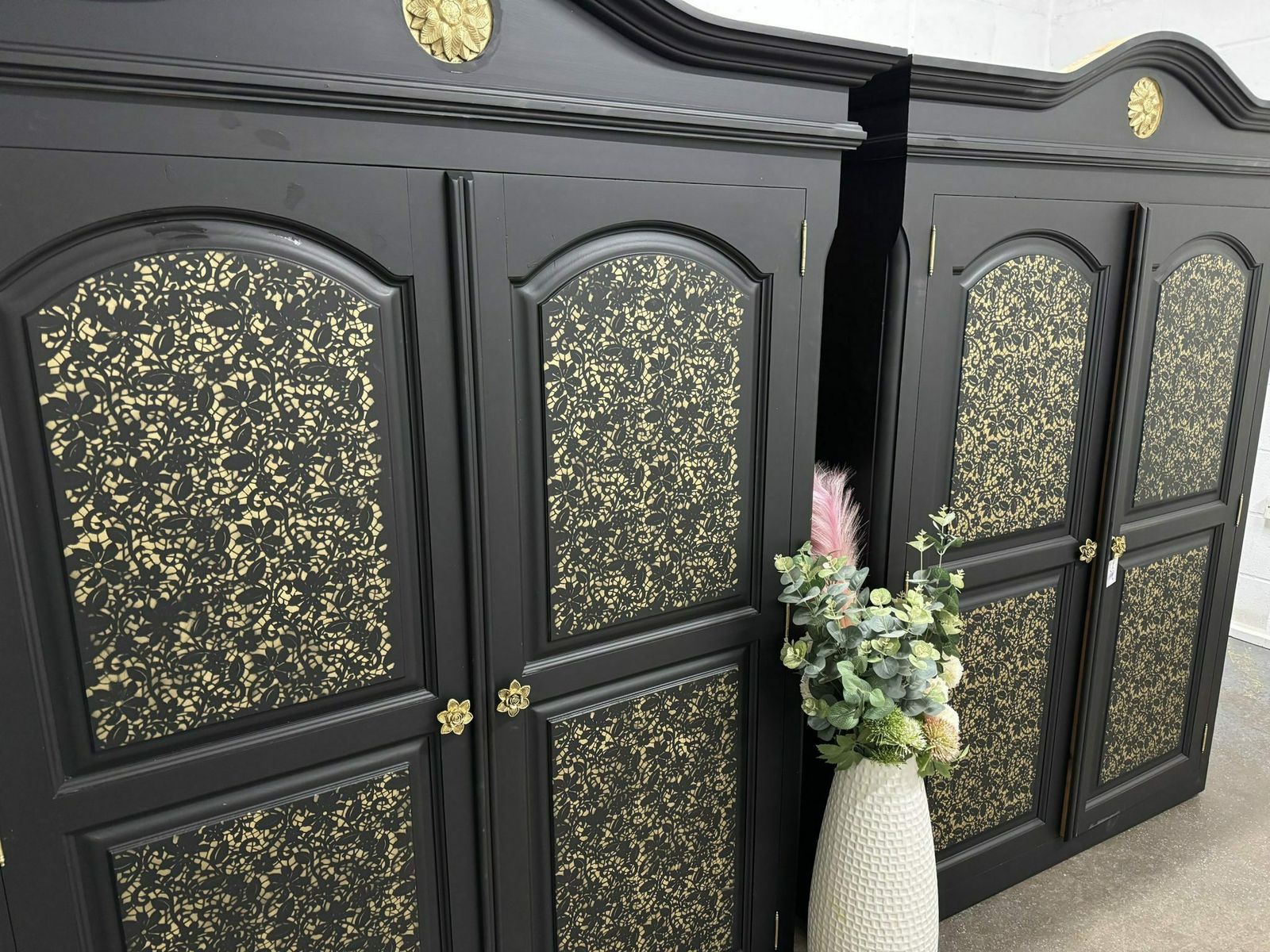 Pair Of Solid Pine Wardrobes In Black With Gold Floral Lace Detail On Base With Drawers photo furniture