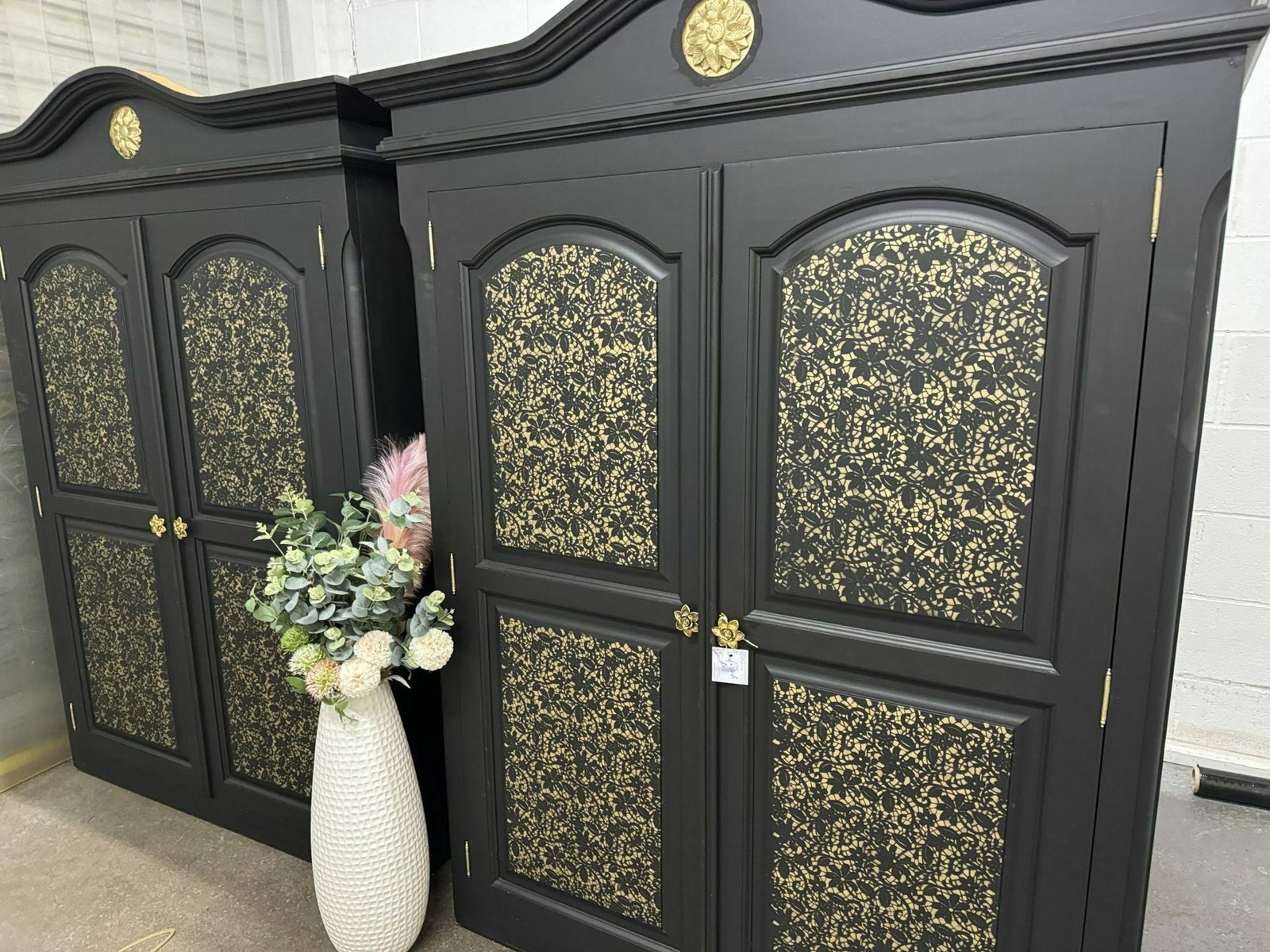 Pair Of Solid Pine Wardrobes In Black With Gold Floral Lace Detail On Base With Drawers photo for sale