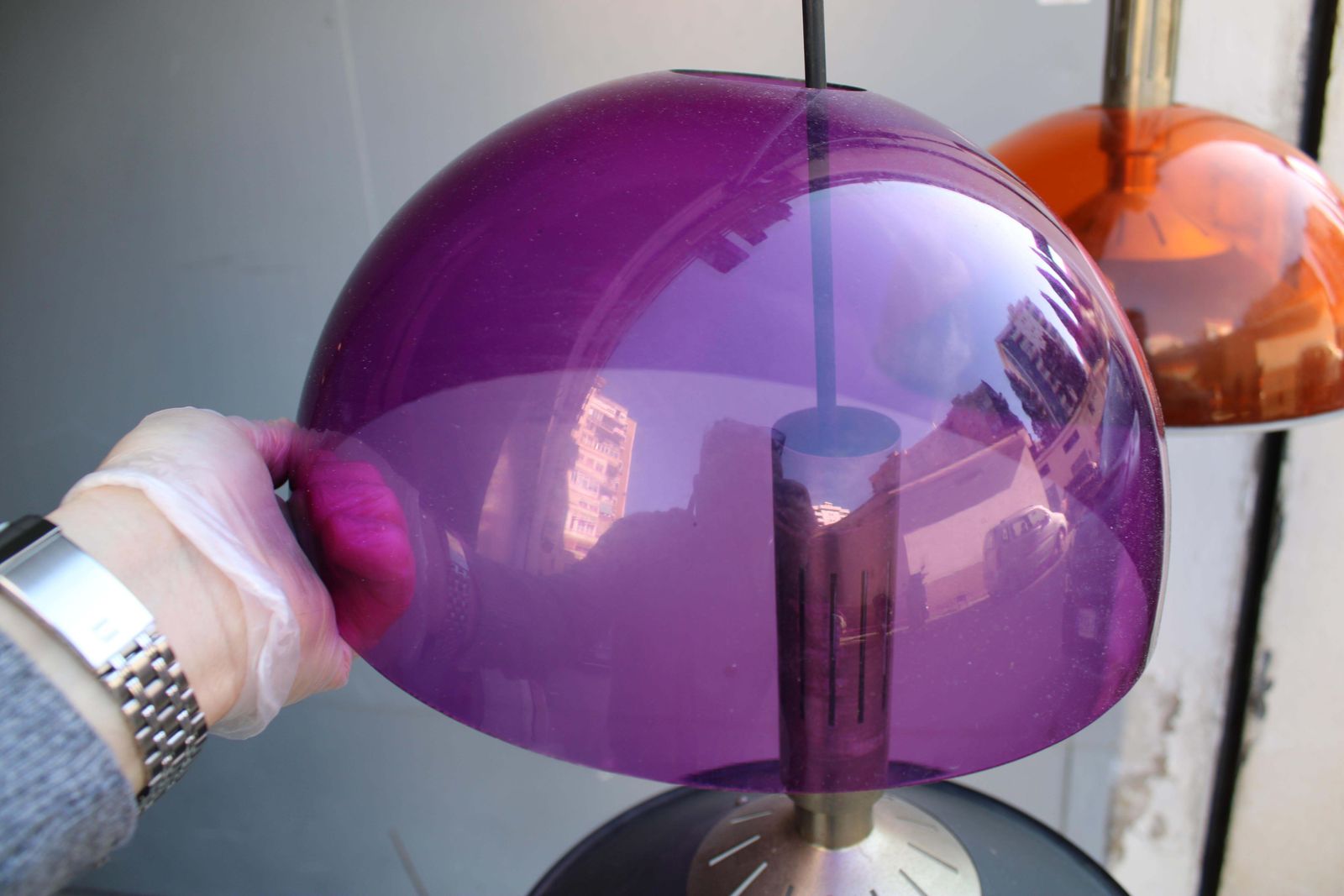 photo for sale Stilux Milano 1950s Mid Century Colored Chandelier Red Purple