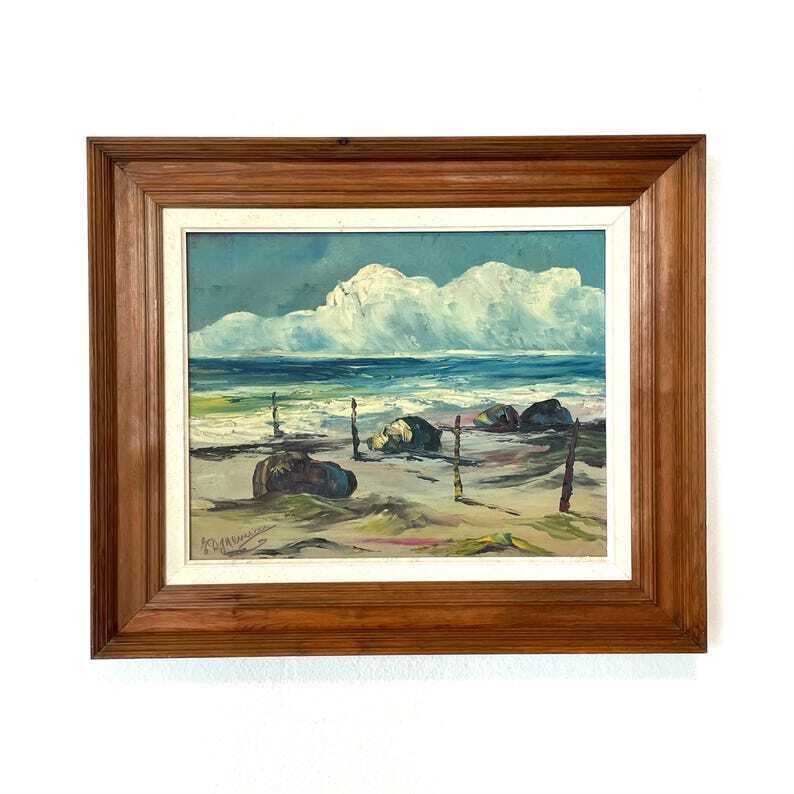 Vintage Mid Century Signed Landscape Oil Painting From Denmark With Abstract Ocean View Motive In A Wooden Frame