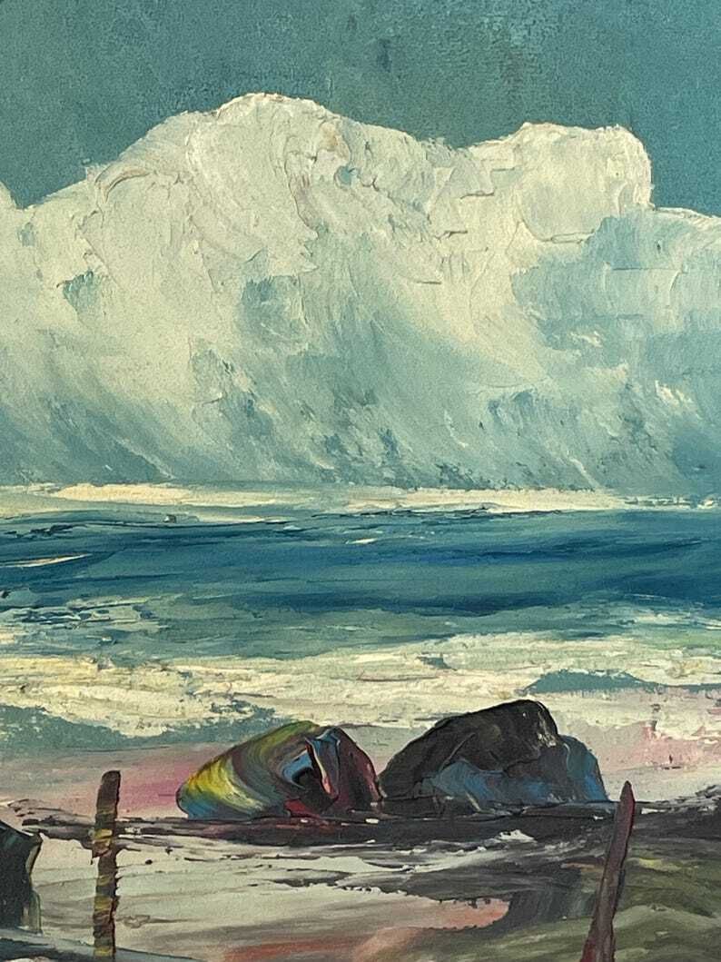 Vintage Mid Century Signed Landscape Oil Painting From Denmark With Abstract Ocean View Motive In A Wooden Frame photo 237.0