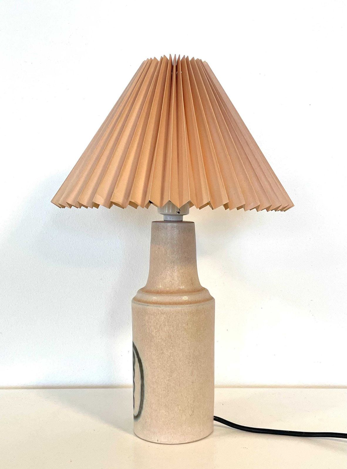 Danish Mid Century Modern Okela Vintage Stone Ware Table Lamp In Beautiful Design With Cute Pleated Shade In Beige photo vinterior