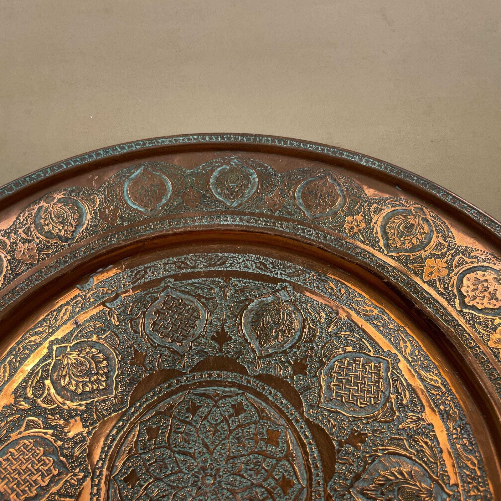 Antique Metal Copper Indian Patterned Tray 30.3cm Plate Asian Handmade Etched Intricate Decorative Pattern Wall Art Round Vintage Small photo buy