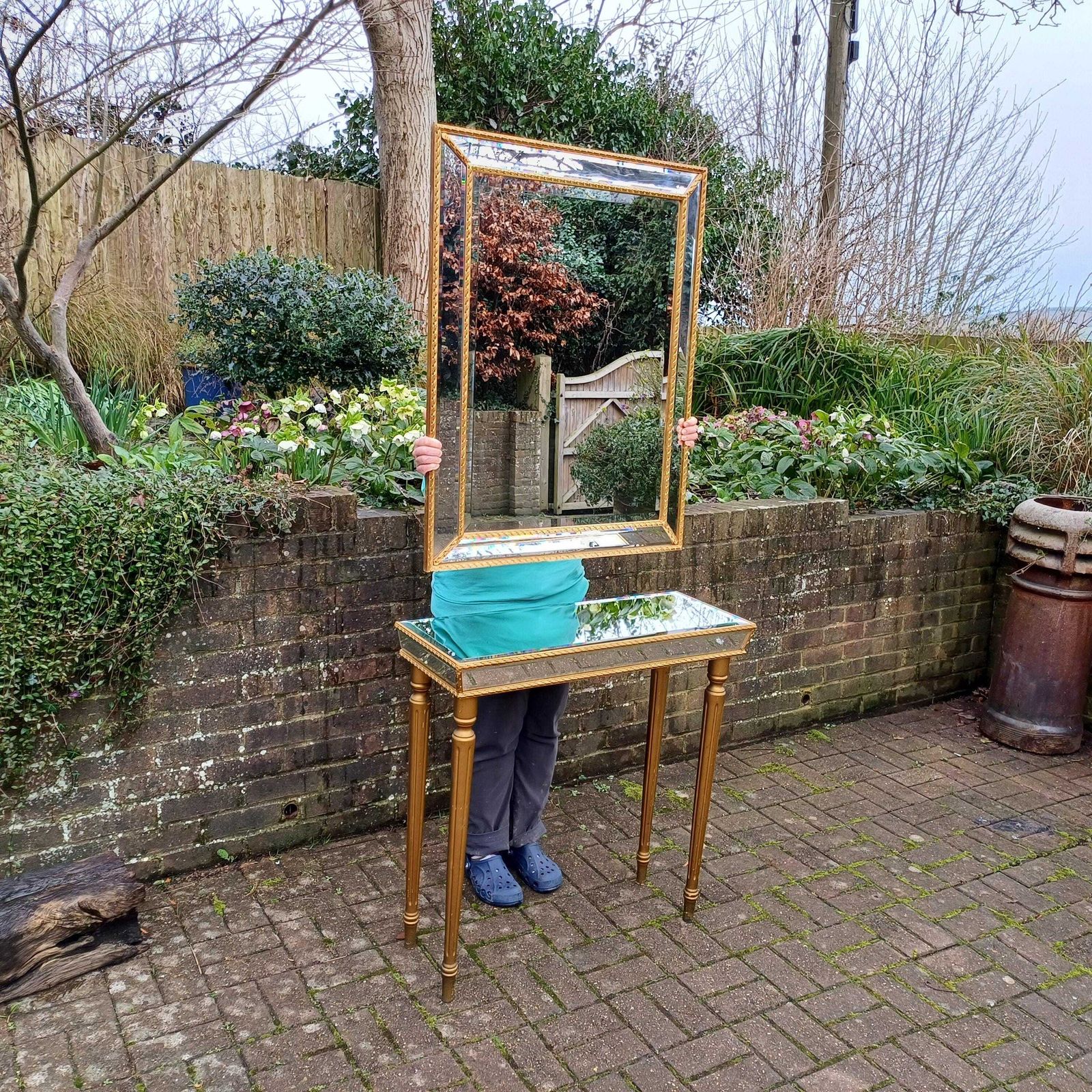 Vintage Glamorous 1980s Retro Bevelled Mirror And Gold Side Console Table And Accompanying Original Mirror photo furniture