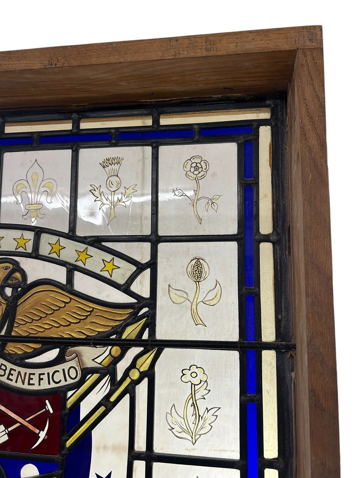 Stained Glass Window Panel Hand Painted Restored Lead Oak Frame Unique Hand Made photo Art