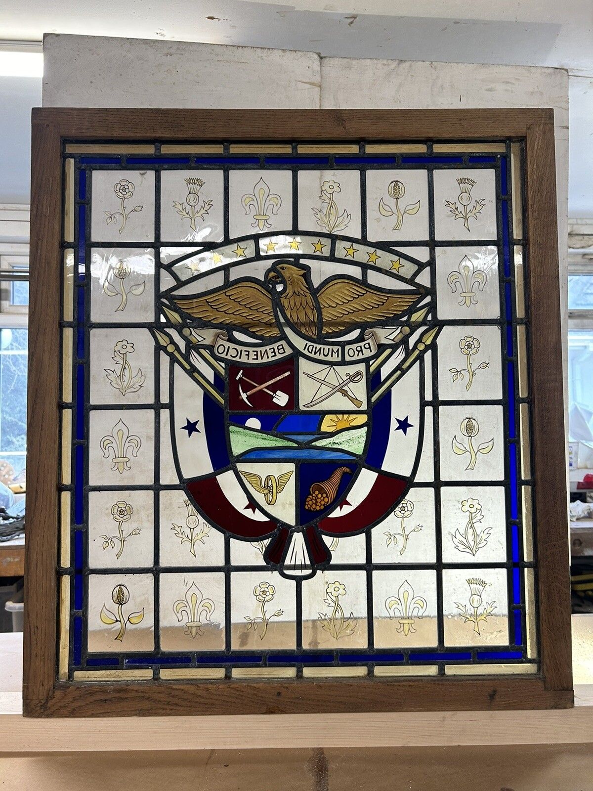 photo for sale Stained Glass Window Panel Hand Painted Restored Lead Oak Frame Unique Hand Made