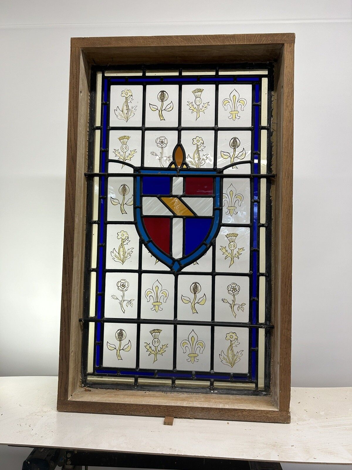 Stained Glass Window Panel Hand Painted Restored Lead Oak Frame Unique Hand Made photo vintage