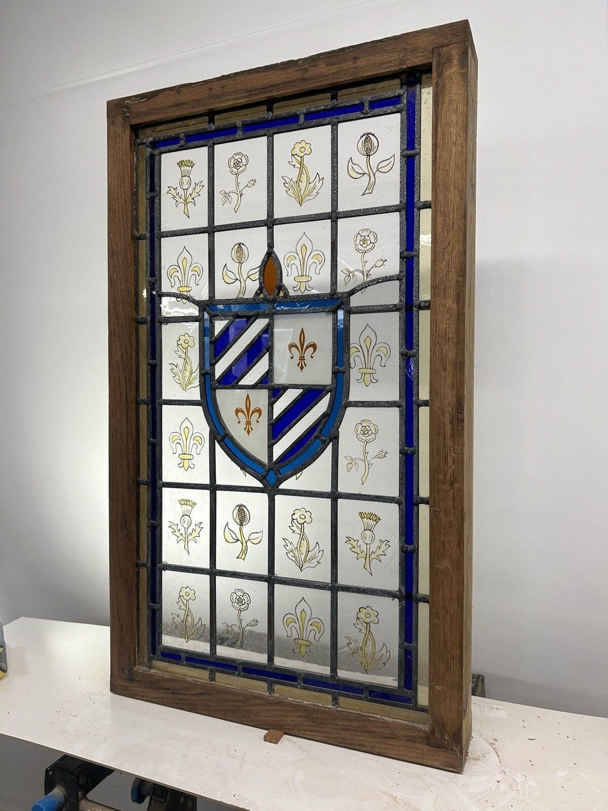 Stained Glass Window Panel Hand Painted Restored Lead Oak Frame Unique Hand Made photo for sale