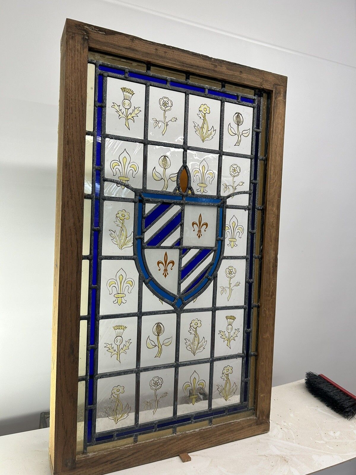 Stained Glass Window Panel Hand Painted Restored Lead Oak Frame Unique Hand Made photo Art
