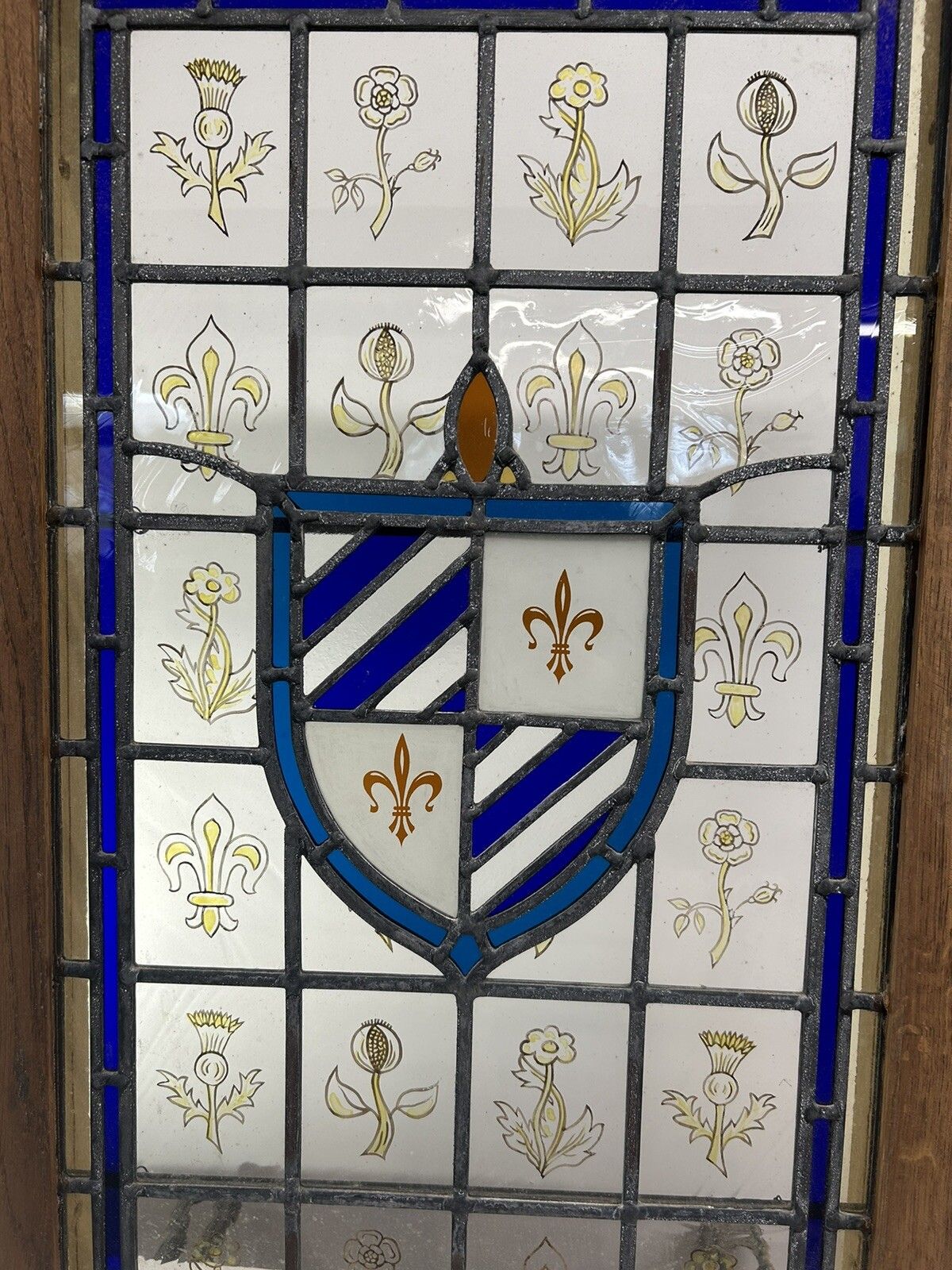 Stained Glass Window Panel Hand Painted Restored Lead Oak Frame Unique Hand Made photo 1175.0