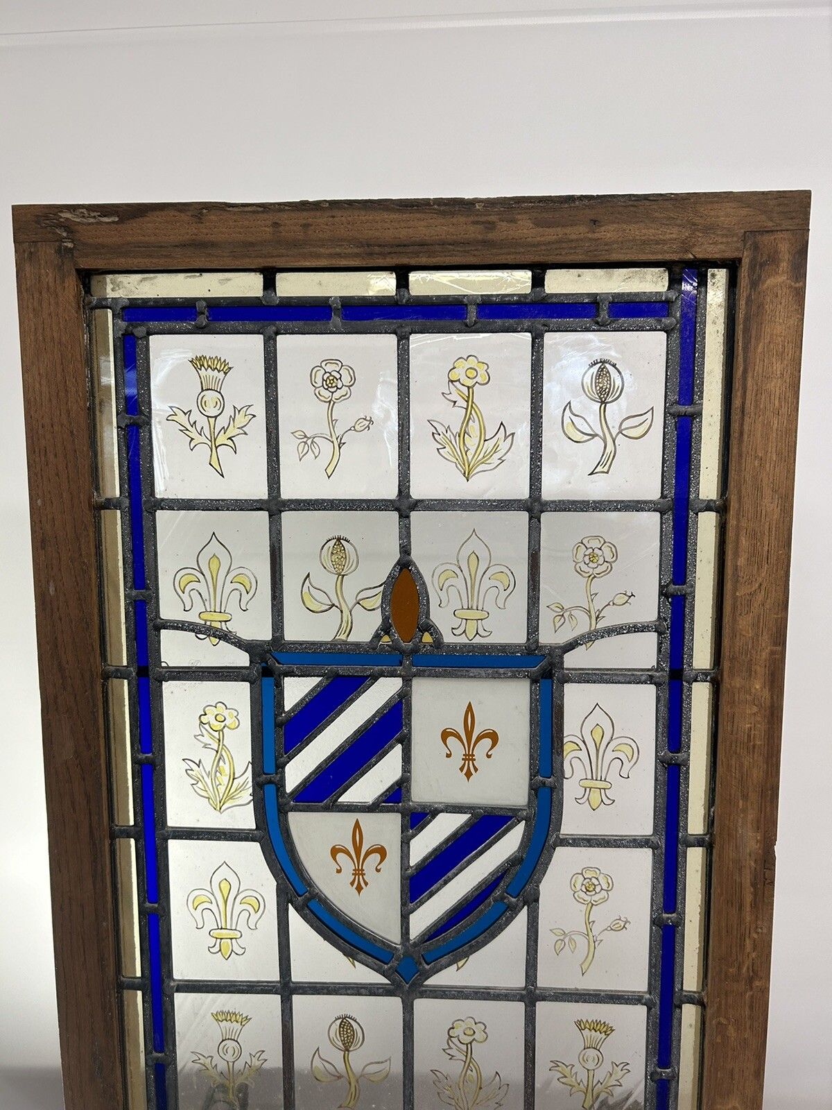 Stained Glass Window Panel Hand Painted Restored Lead Oak Frame Unique Hand Made photo buy