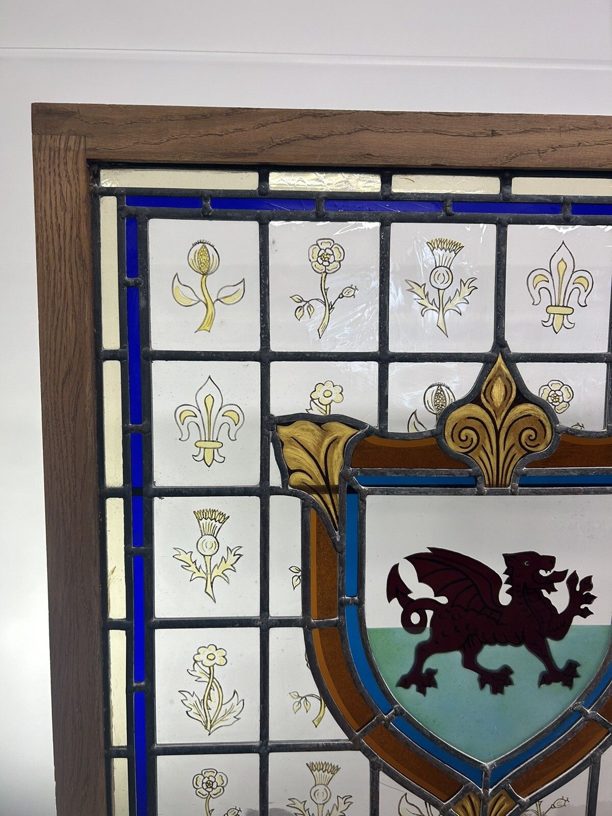 Stained Glass Window Panel Hand Painted Restored Lead Oak Frame Unique Hand Made photo buy