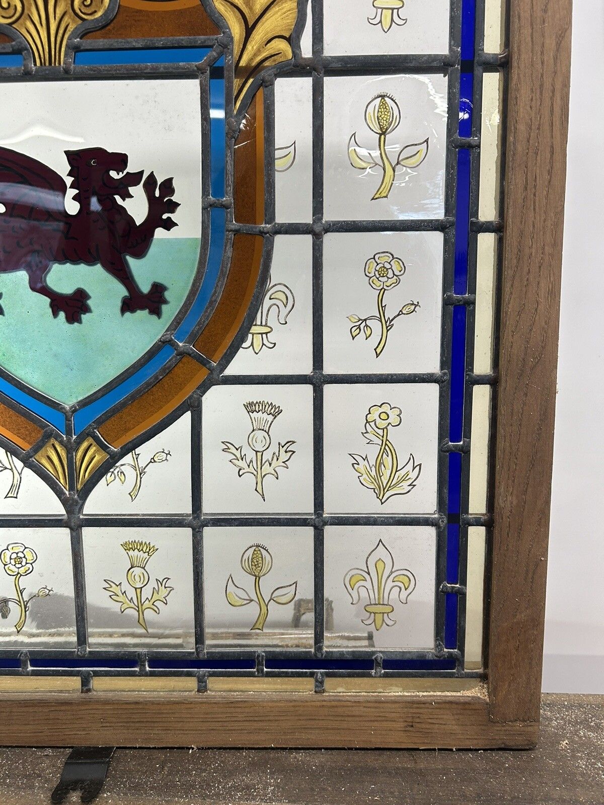 photo furniture Stained Glass Window Panel Hand Painted Restored Lead Oak Frame Unique Hand Made