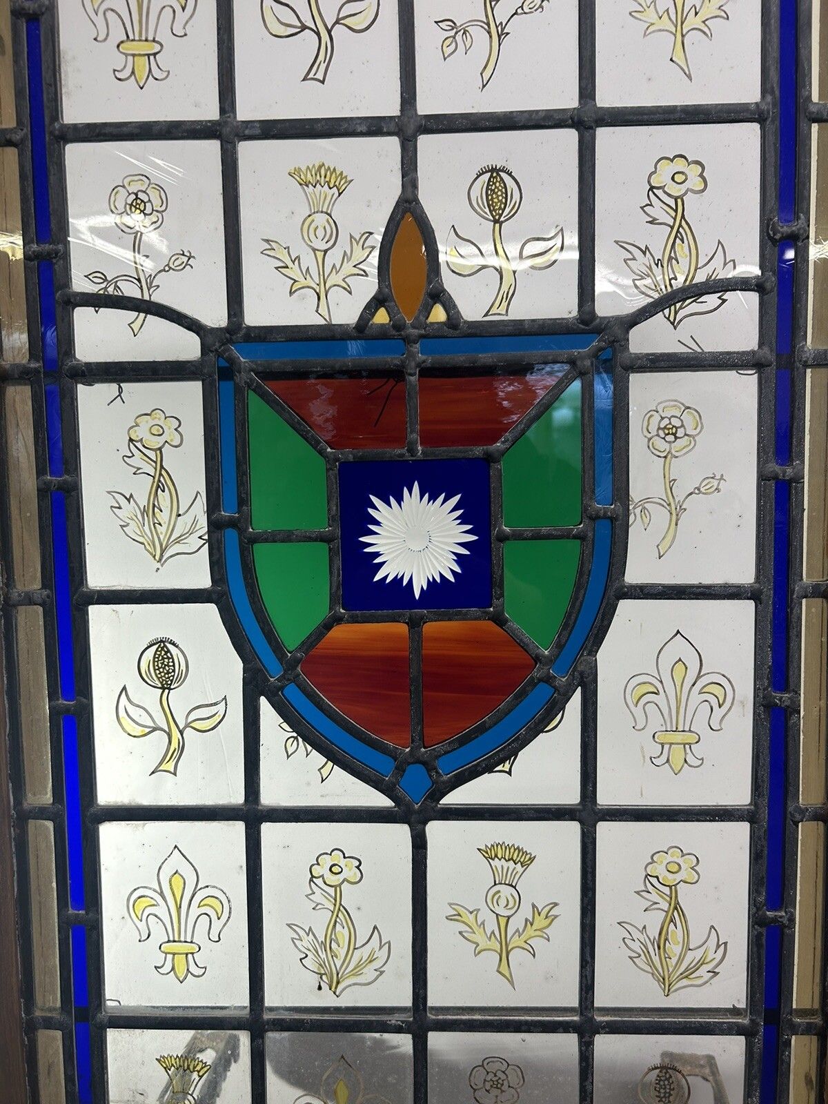 Stained Glass Window Panel Hand Painted Restored Lead Oak Frame Unique Hand Made photo 1175.0