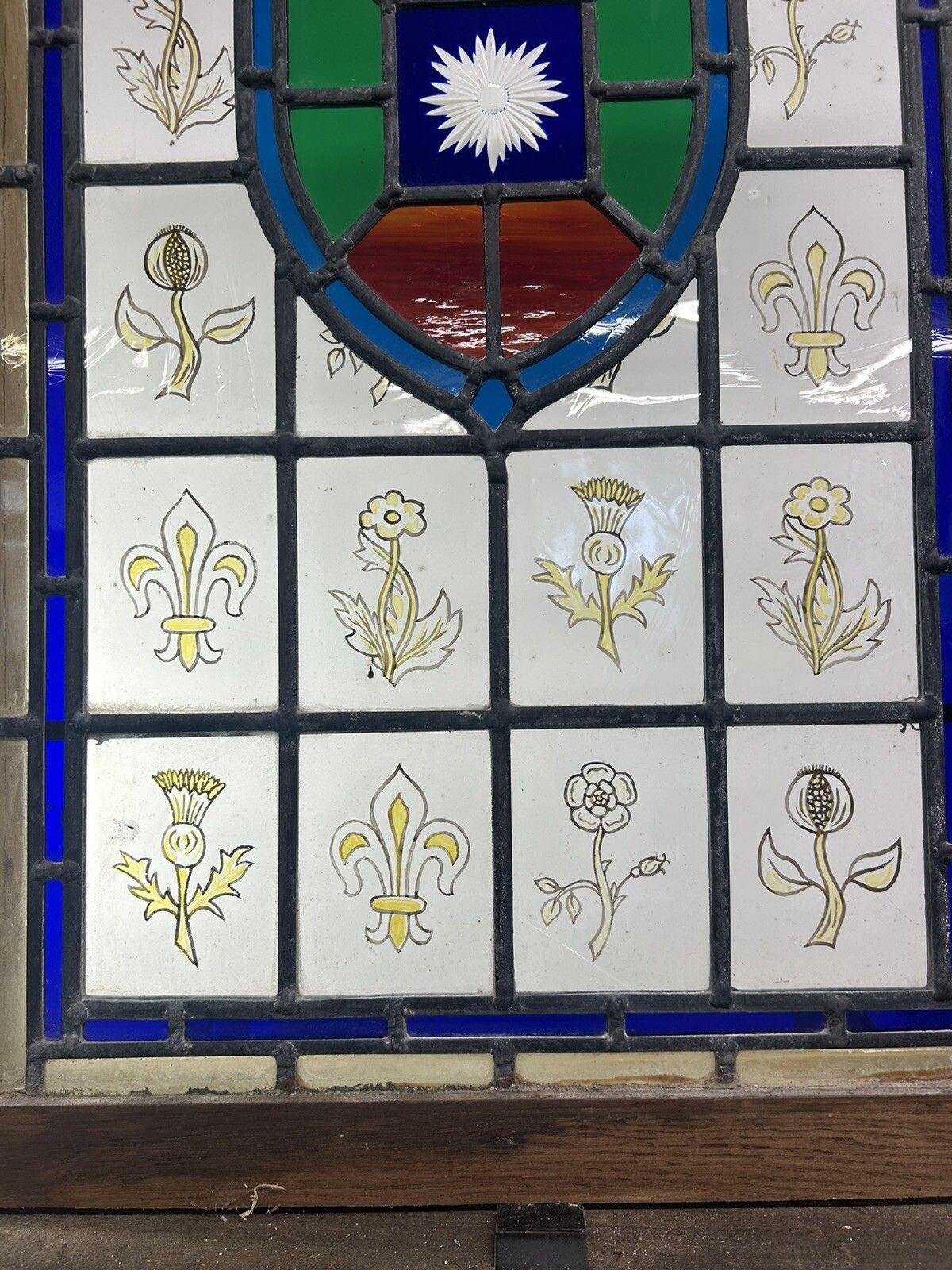 Stained Glass Window Panel Hand Painted Restored Lead Oak Frame Unique Hand Made photo vinterior