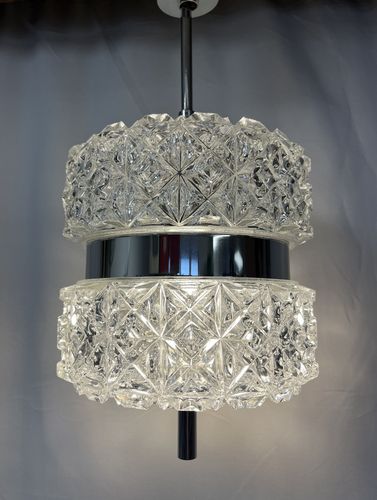Vintage Midcentury 1960s Crystal Glass & Chrome Pendant Hanging Lamp Light