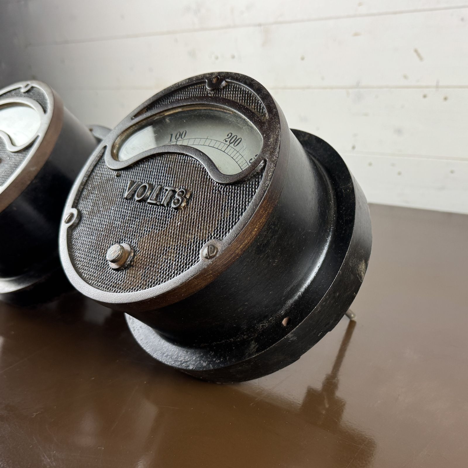 Pair Of Antique Industrial Factory Gauges Volts Amperes photo 295.0