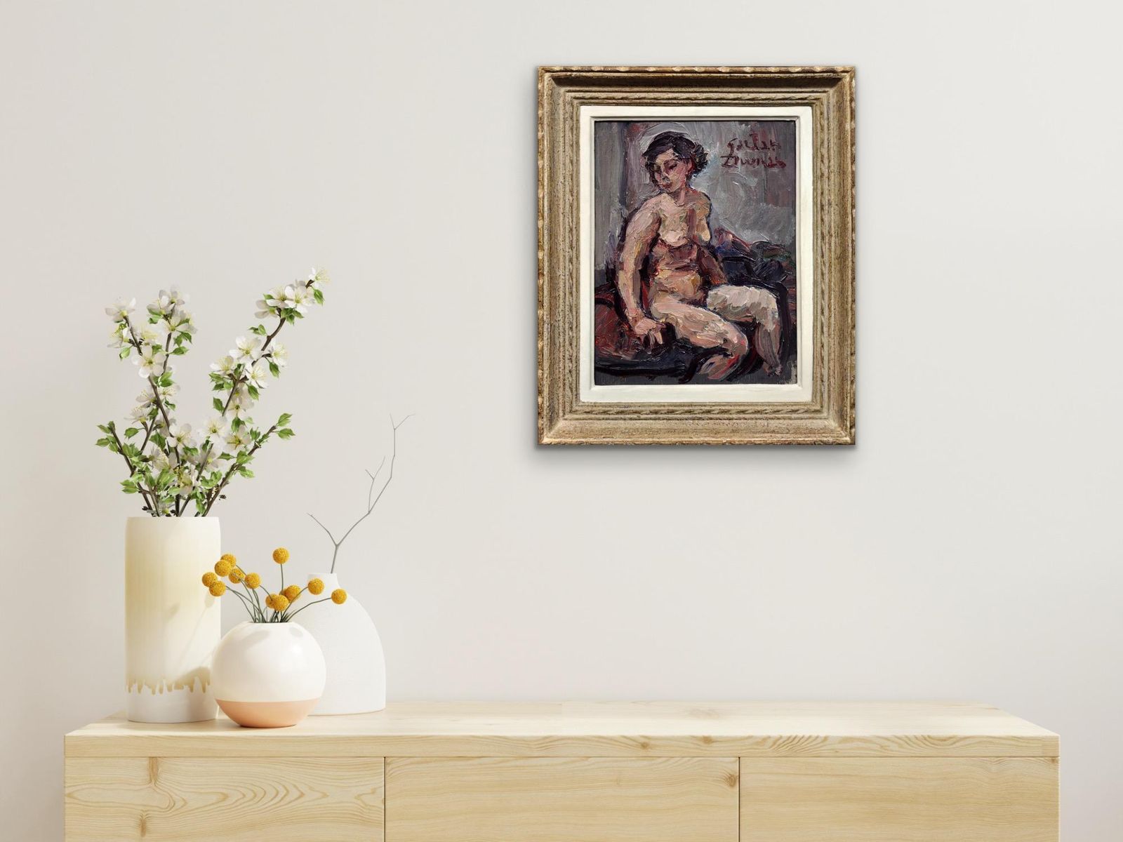 photo furniture Gaetan Dumas 1879 To 1950. French. A Trace Of Pleasure Or Regret. 1930s Female Nude Oil Painting. Warmth, Contentment And Closeness.