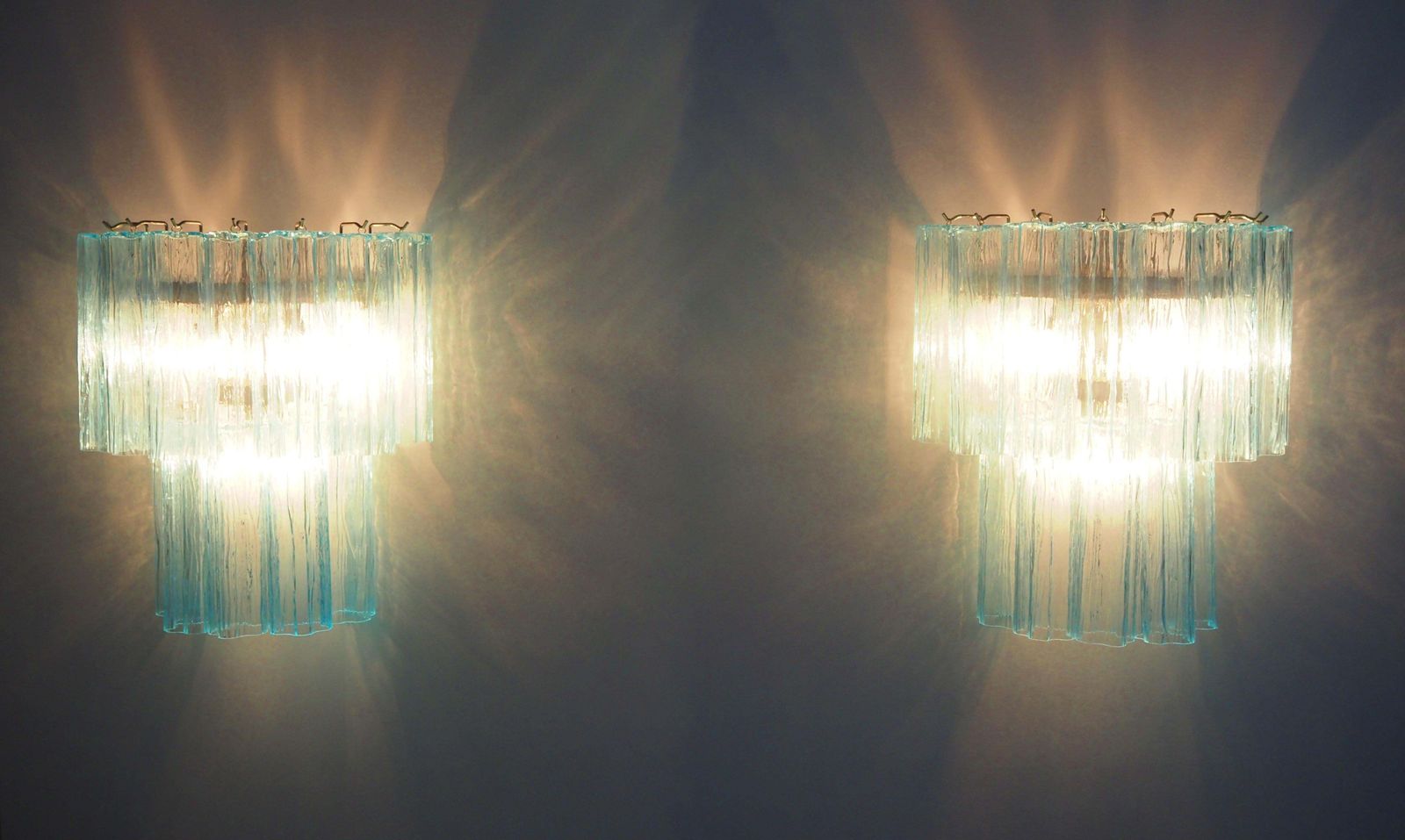 Beautiful Pair Of Murano Glass Tube Wall Sconces   13 Blue Glass Tube photo vinterior