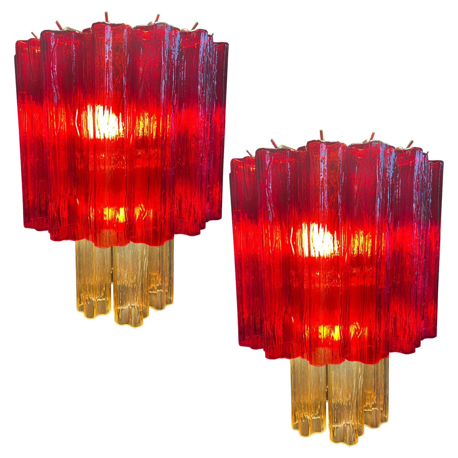 Amazing Pair Of Italian Red And Gold Chandeliers By Valentina Planta, Murano