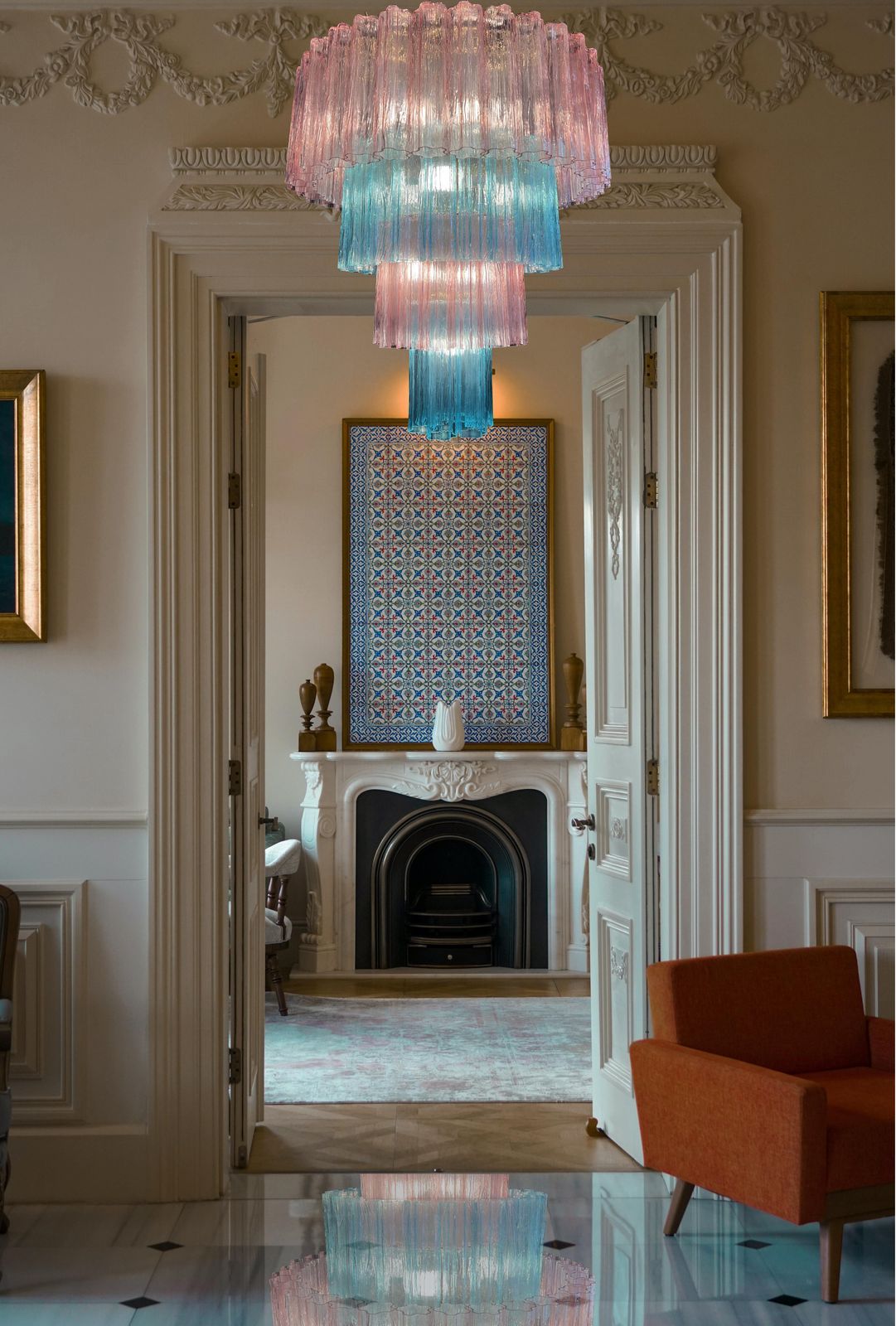 Charming Pair Italian Pink An Blue Chandeliers By Valentina Planta, Murano photo buy