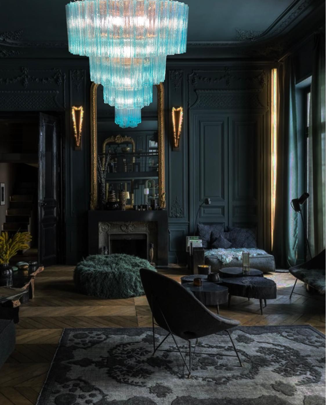 photo for sale Elegant Pair Of Italian Blue Chandeliers By Valentina Planta, Murano
