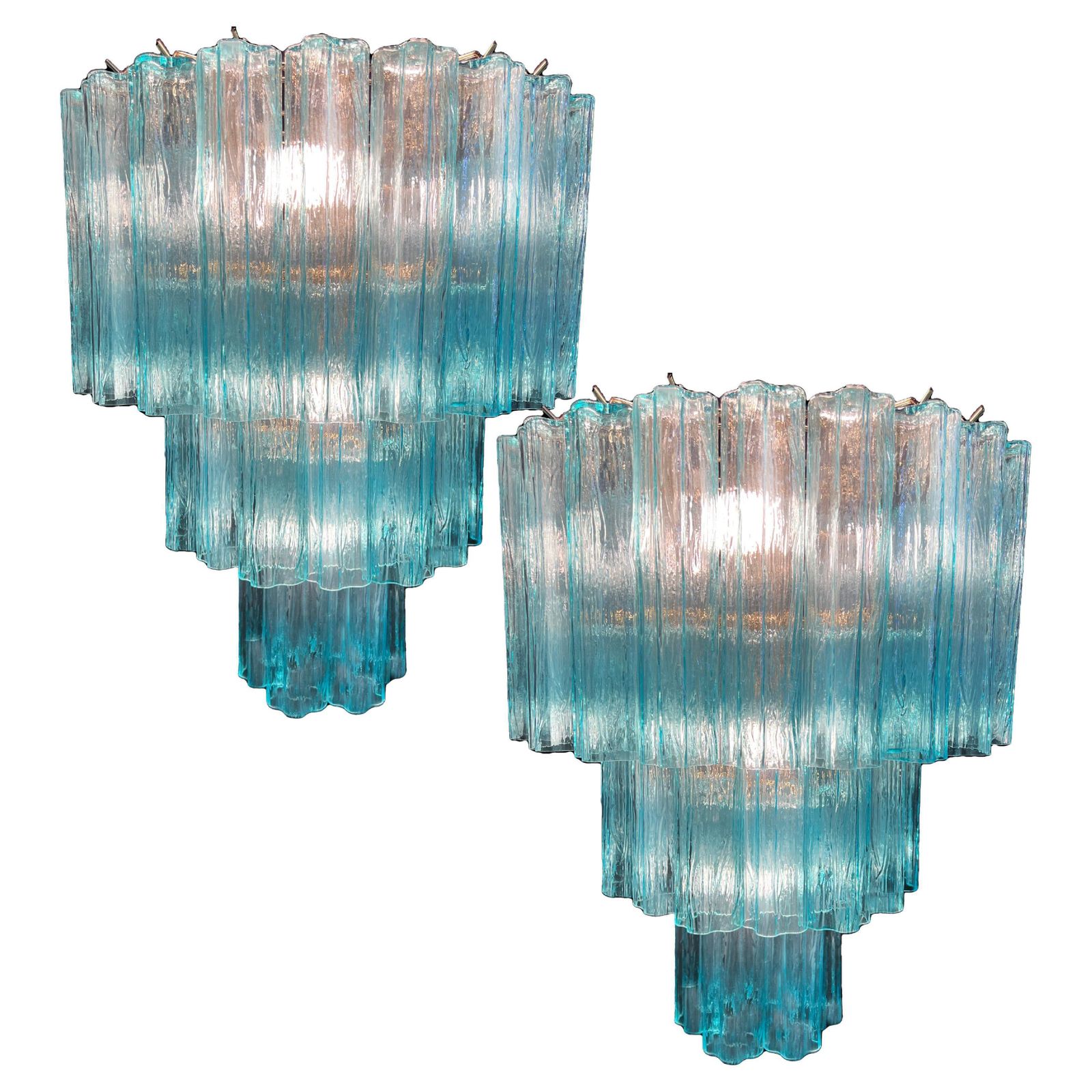 Pair Fine And Precious Blue Italian Chandeliers By Valentina Planta, Murano