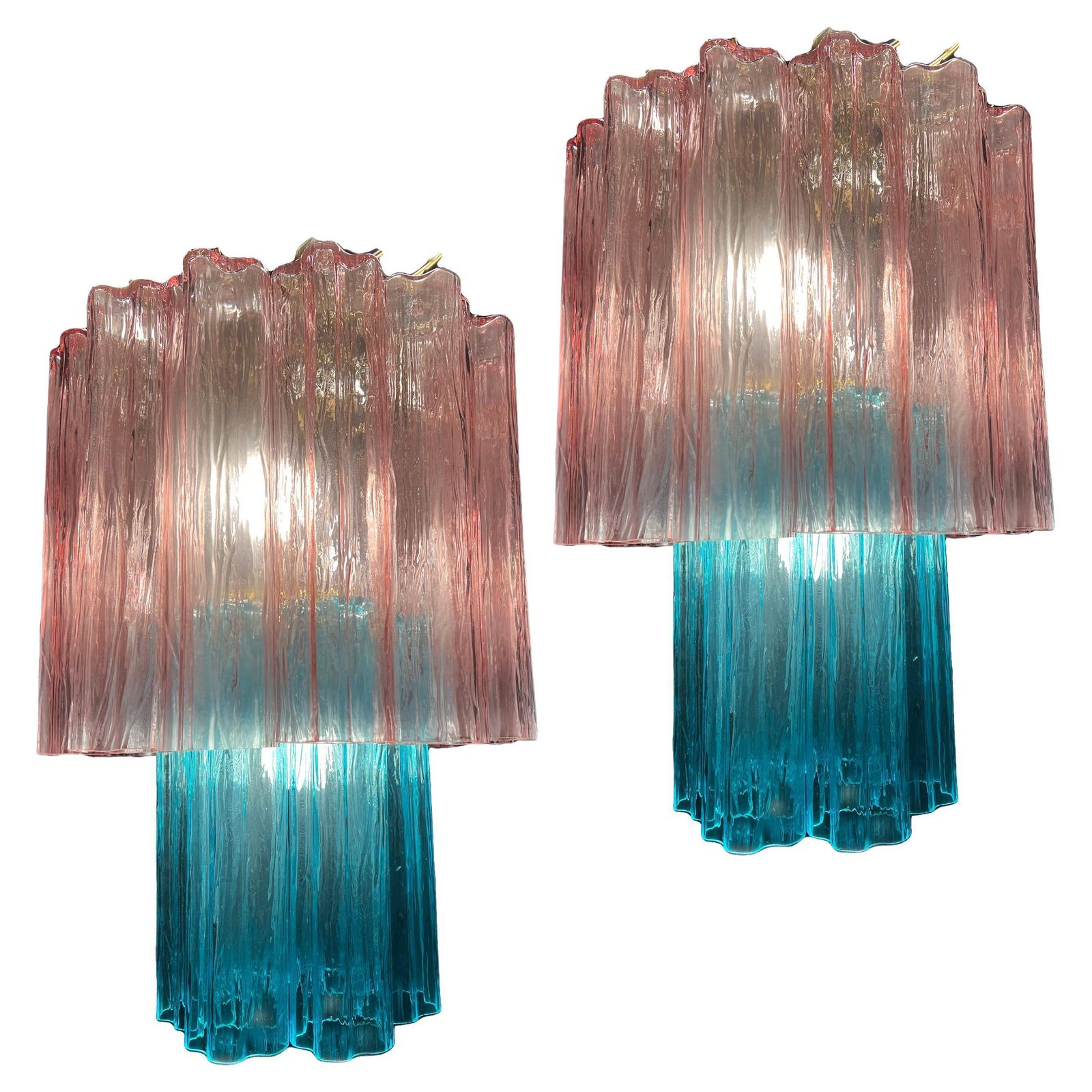 Amazing Pair Of Italian Pink Blue Chandeliers By Valentina Planta, Murano