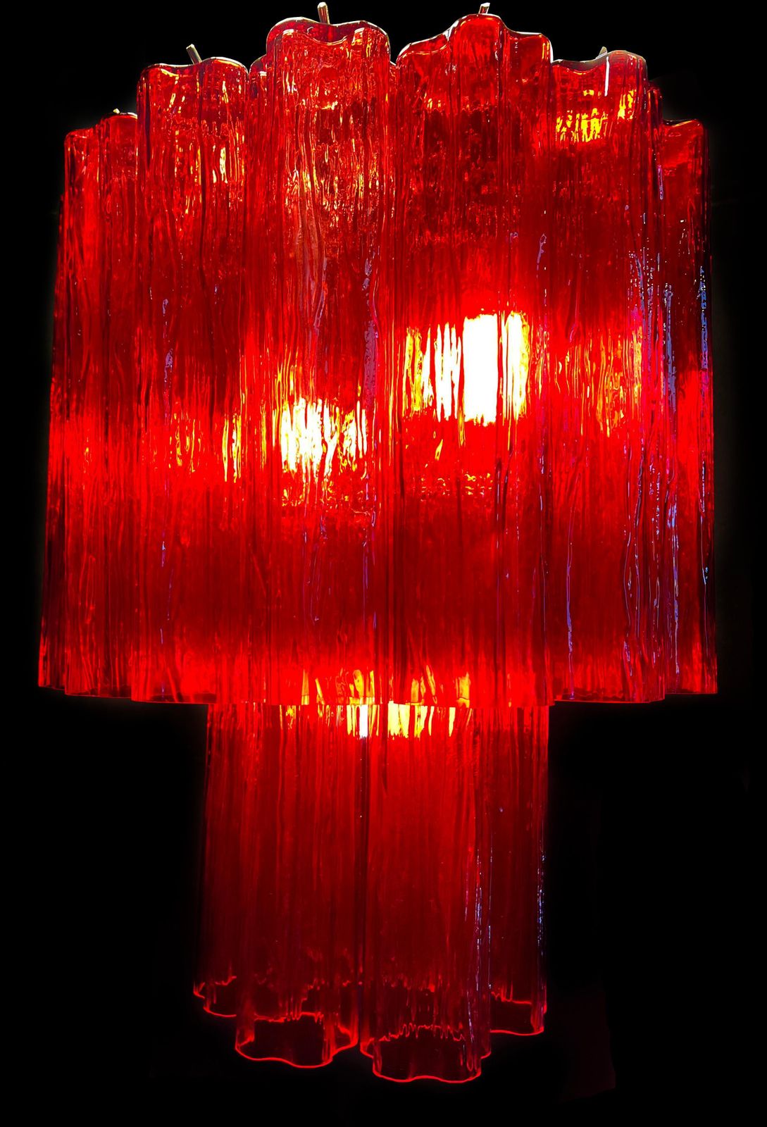 photo for sale Amazing Pair Of Italian Ruby Red Chandeliers, Murano By Valentina Planta