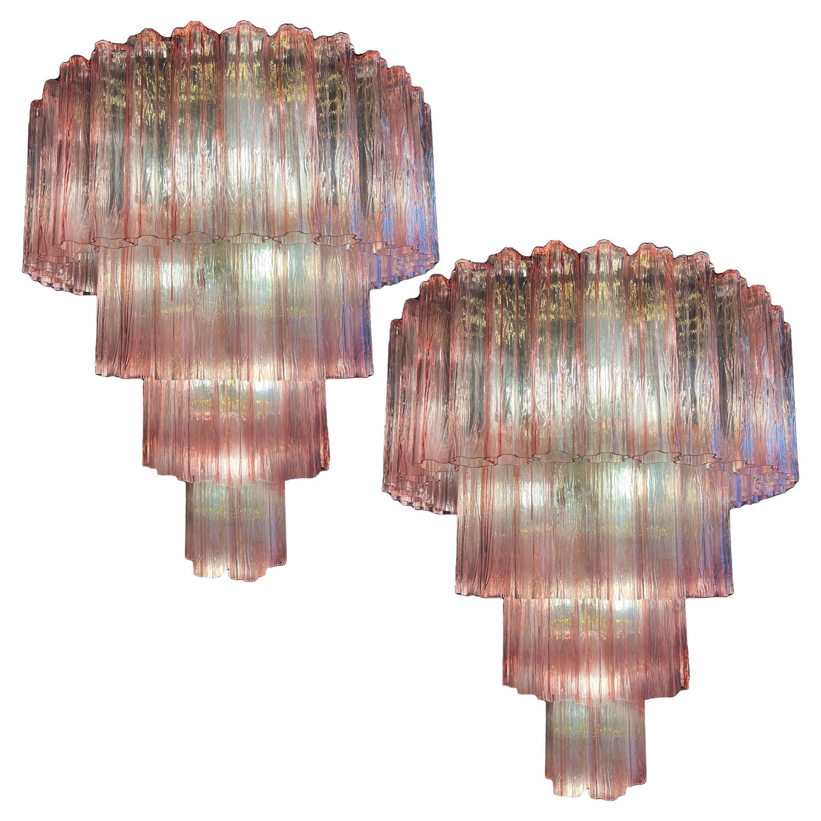 Charming Pair Of Italian Pink Chandeliers By Valentina Planta, Murano