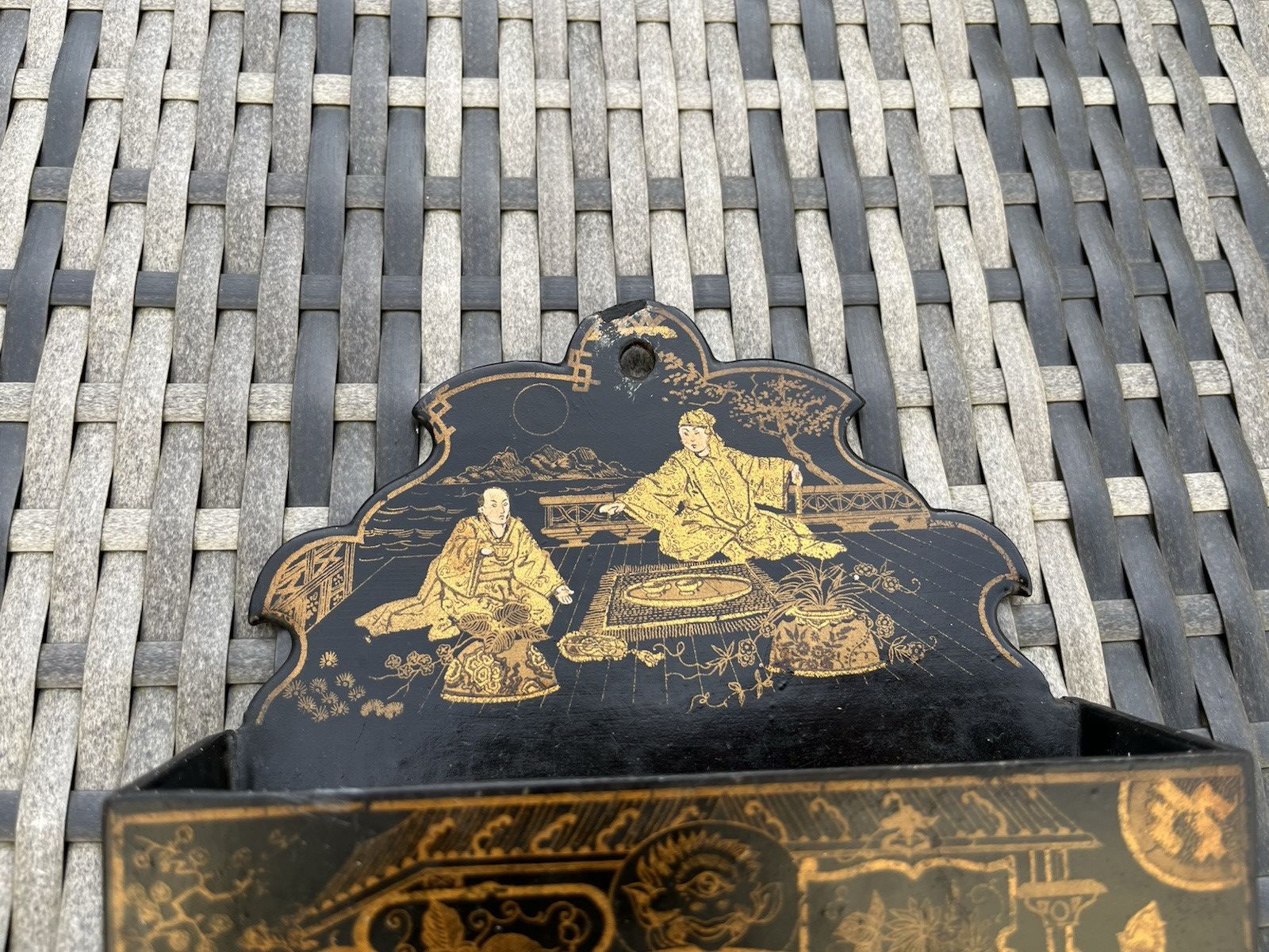 Antique Chinoiserie Lacquer Papier Mache Wall Pocket Box Letter Rack Japonsime photo Home Decor