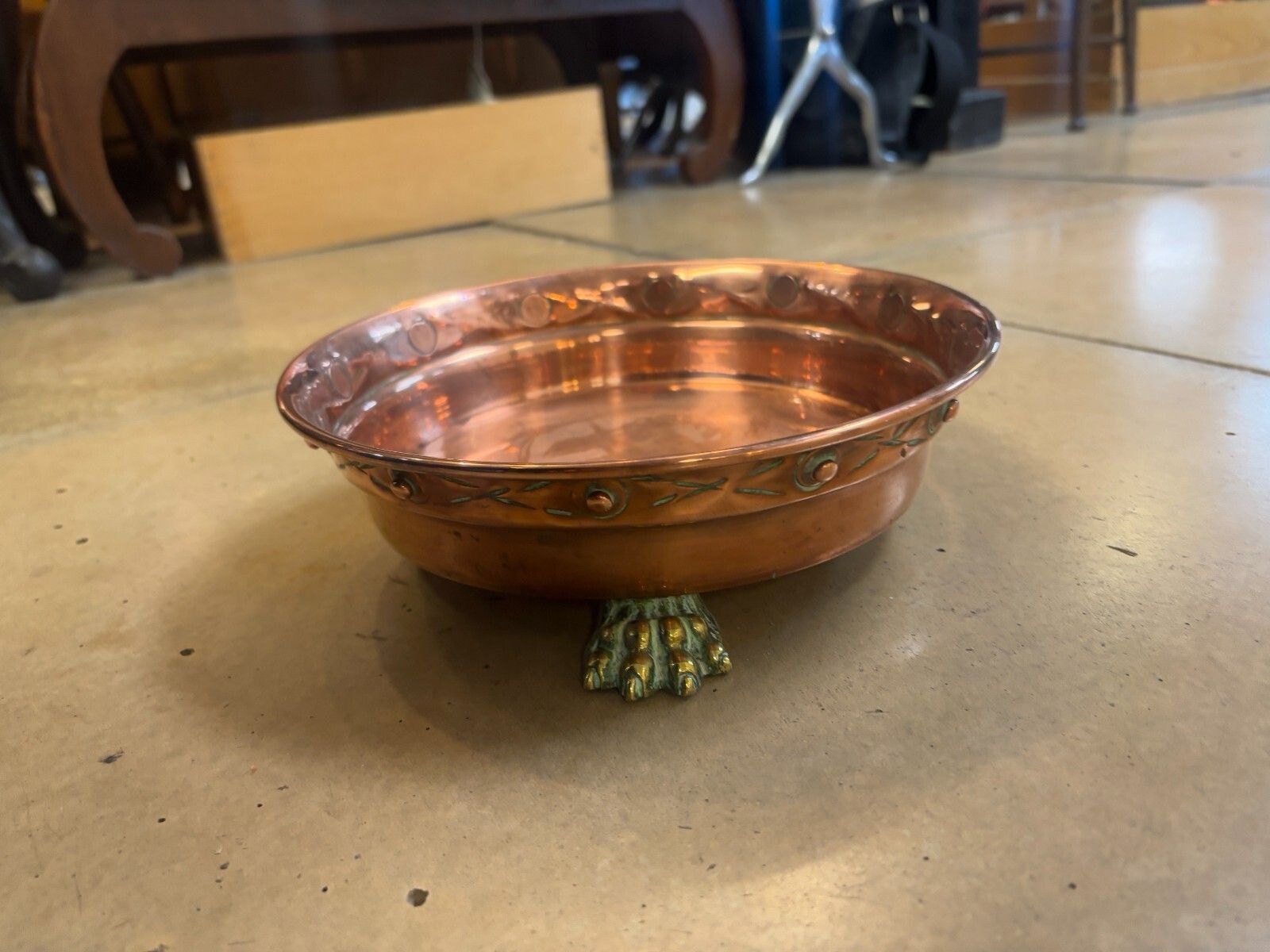 Antique Arts & Crafts Copper Planter Stand With Brass Claw Feet photo for sale