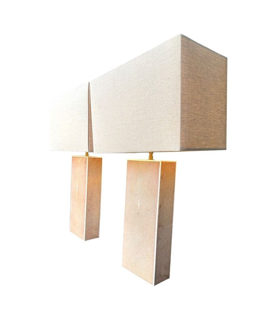 A Pair Of 1960s Pastel Pink Shagreen Lamps With Natural Linen Shades photo Lighting