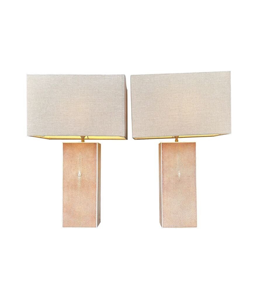 Lighting A Pair Of 1960s Pastel Pink Shagreen Lamps With Natural Linen Shades photo