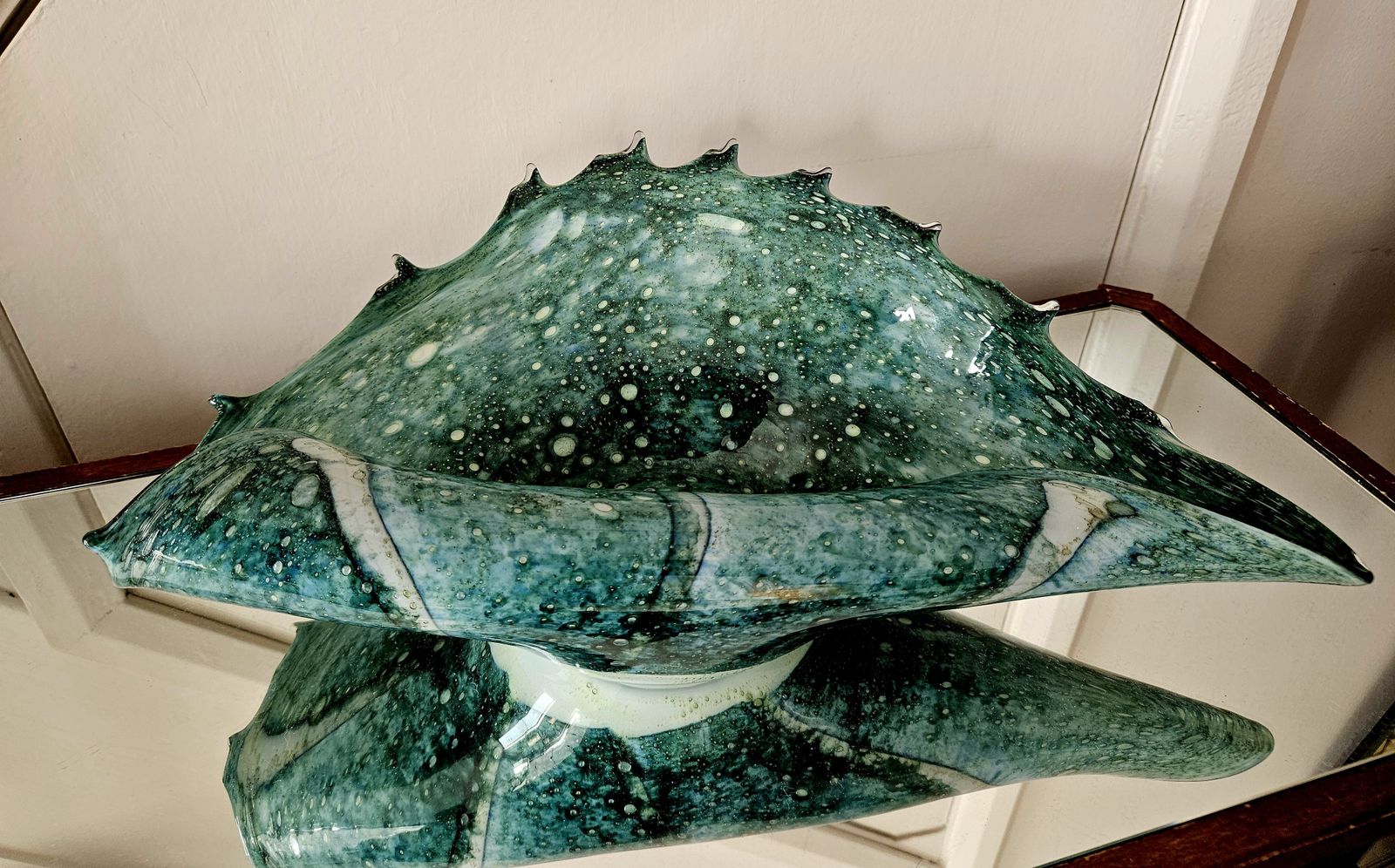 Large And Spectacular, Sea Green, Rolled Glass Shell Ornament, Possibly Murano photo for sale