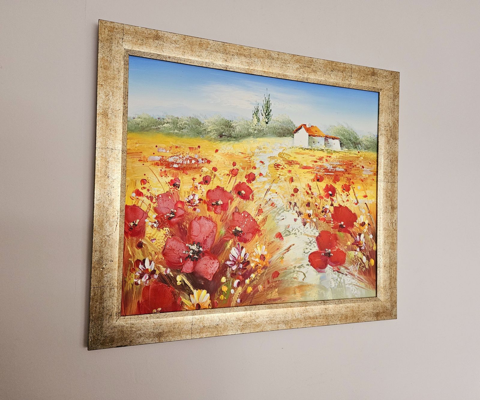 Large, Framed Oil Painting Of Cornfields & Poppies photo for sale