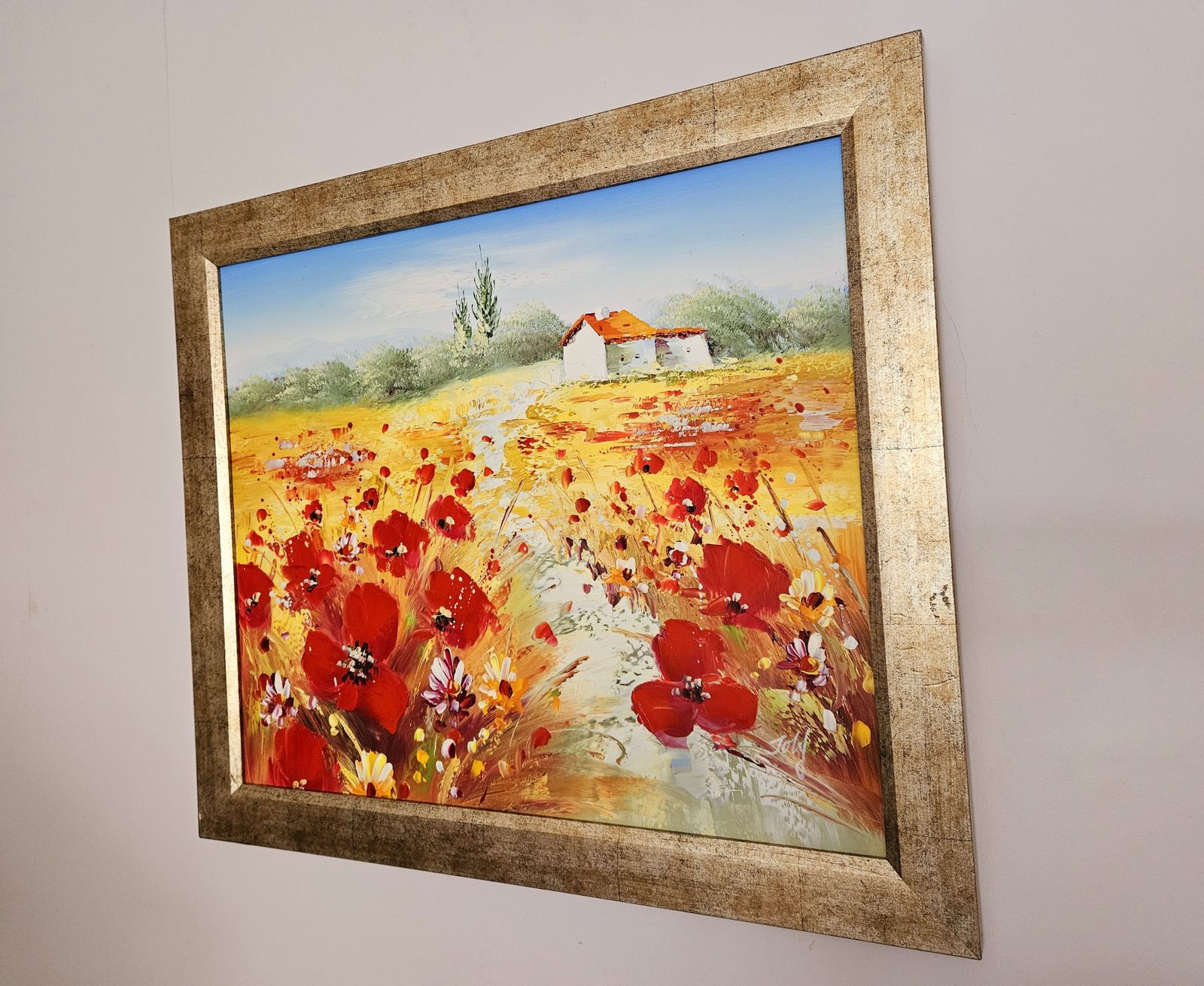 Large, Framed Oil Painting Of Cornfields & Poppies photo Art