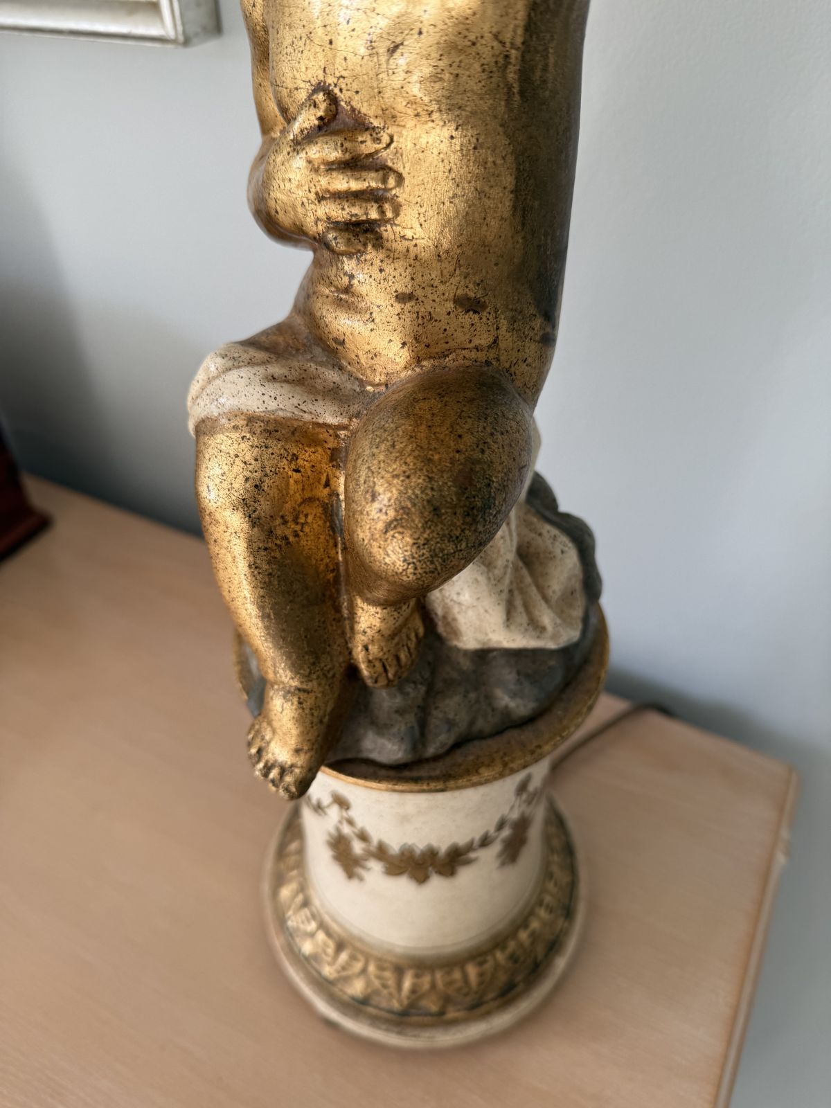 Pair Antique Italian Putti Cherub Cupid Plaster Terracotta Wood Gold Renaissance Lamps photo vintage