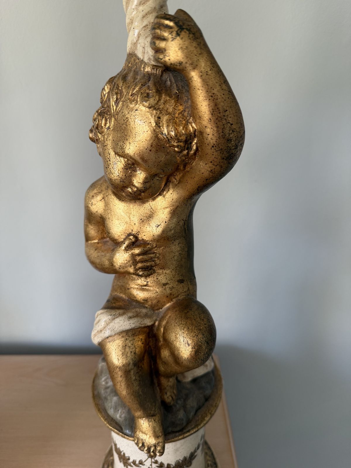 photo furniture Pair Antique Italian Putti Cherub Cupid Plaster Terracotta Wood Gold Renaissance Lamps