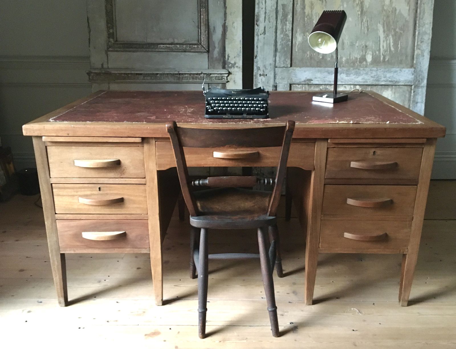 Large 1940s Double Pedestal Wooden Desk