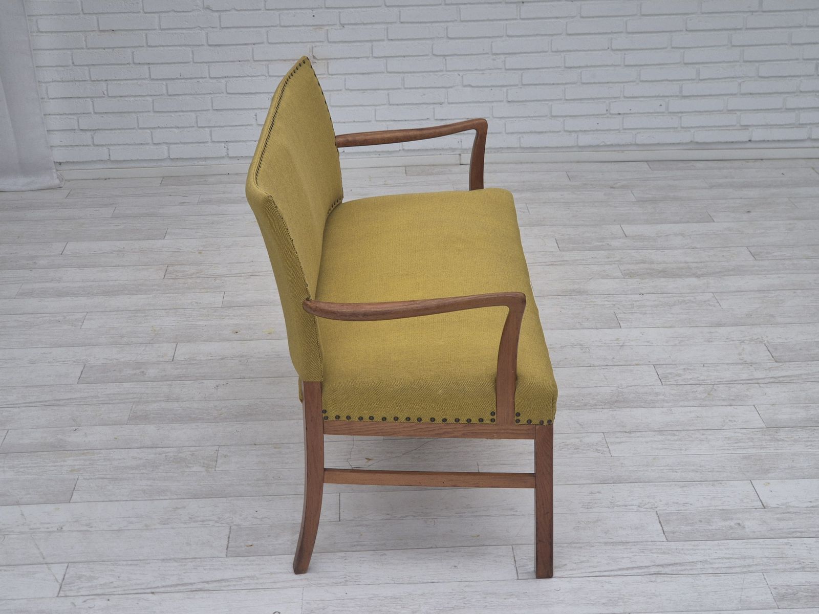 photo buy 1950s, Danish 2 Seater Sofa By Ehapa Møbler, Original Condition, Wool Fabric, Oak Wood.