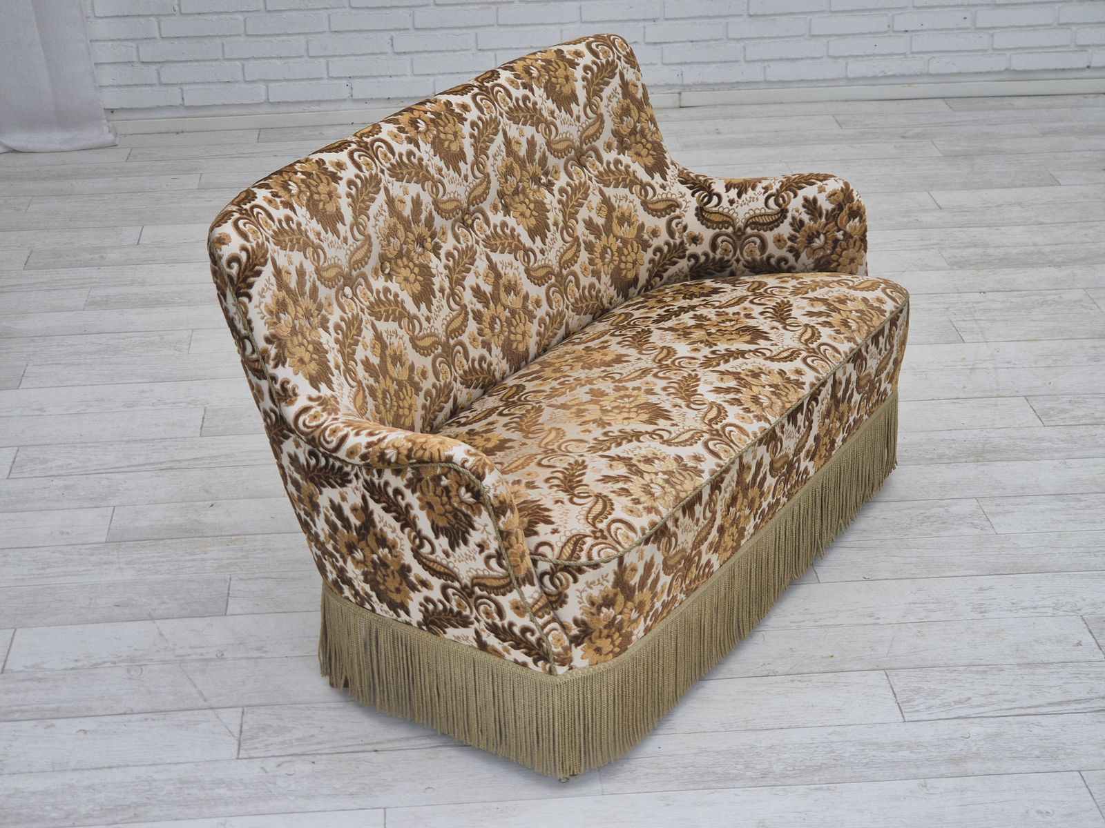 1960s, Danish 2 Seater Sofa, Brown/Beige Furniture Fabric, Ash Wood Legs. photo for sale