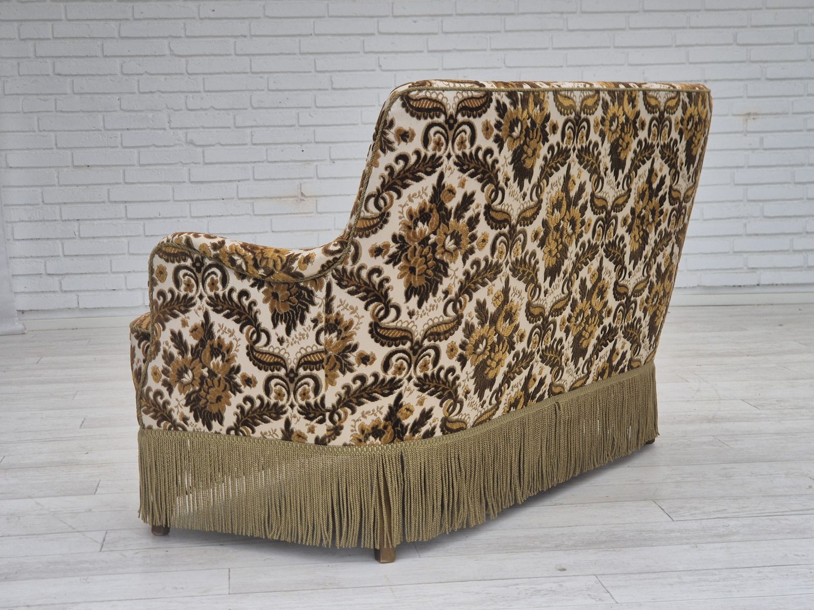 photo buy 1960s, Danish 2 Seater Sofa, Brown/Beige Furniture Fabric, Ash Wood Legs.